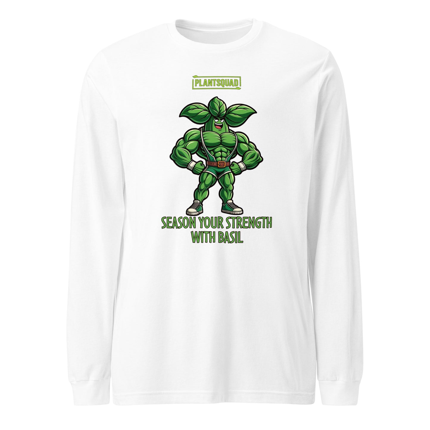 Black long-sleeve shirt with a graphic of a muscly basil cartoon in a green costume. Above the character, "PLANTSQUAD" is proudly displayed, and below, "SEASON YOUR STRENGTH WITH BASIL" appears in vibrant green letters. Perfect for fitness enthusiasts embracing a vegan lifestyle! Introducing the Plantsquad Basil "Season Your Strength With Basil" - Unisex Long Sleeve T-Shirt.