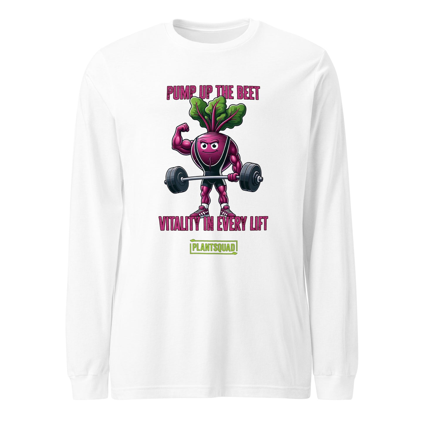 Black long-sleeve shirt featuring a weight-lifting beetroot cartoon with the text "Pump Up the Beet" above and "Vitality in Every Lift" below. The bottom includes the text "Plantsquad" within a green rectangle, perfect for those embracing a plant-based lifestyle or vegan fitness apparel. Introducing: **Plantsquad Beetroot "Pump Up The Beet Vitality In Every Lift" - Unisex Long Sleeve T-Shirt**.