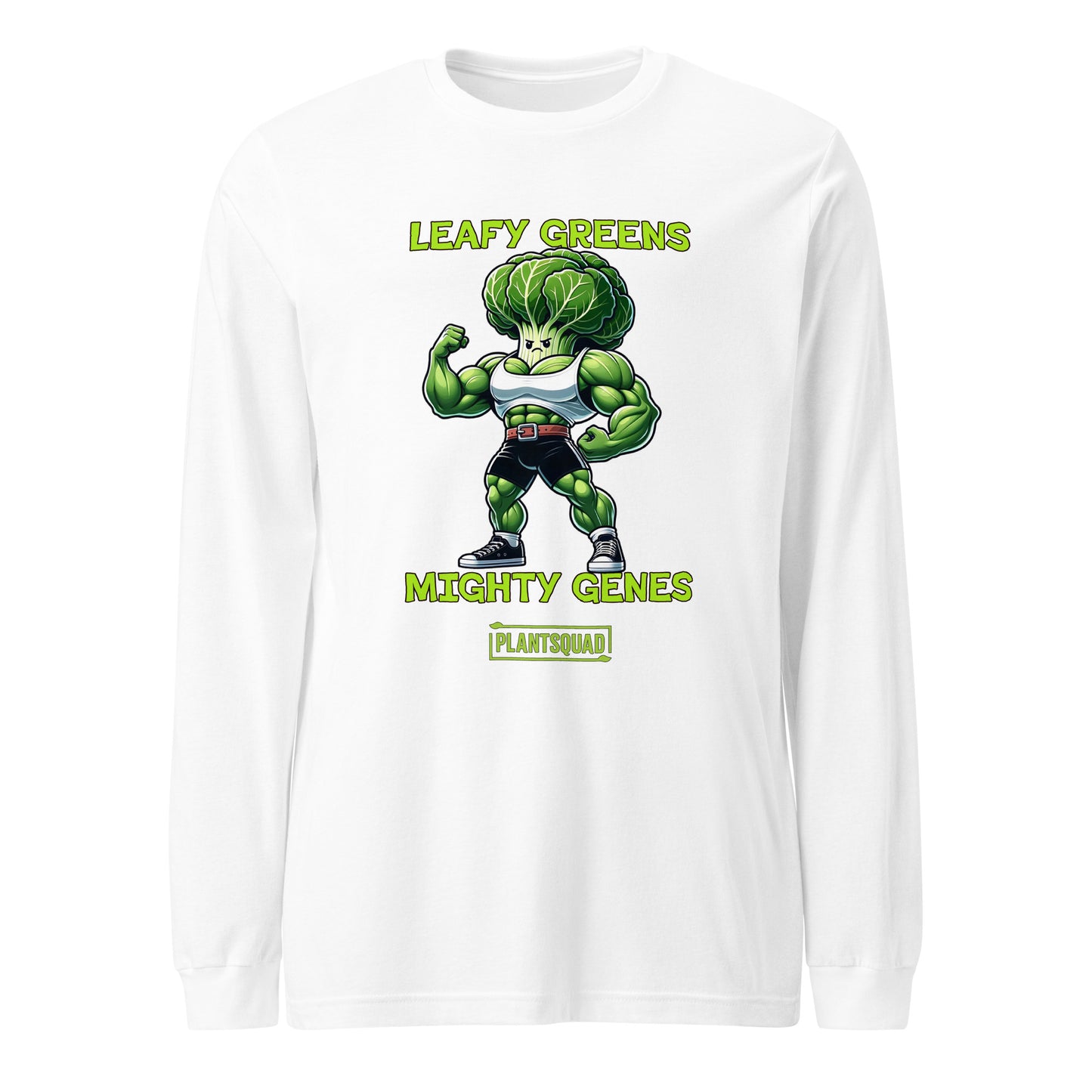 A Plantsquad Cabbage "Leafy Greens Mighty Genes" - Unisex Long Sleeve T-Shirt featuring a muscular cartoon broccoli flexing its arms, perfect for fitness enthusiasts. The broccoli, donning a white tank top and blue shorts, proudly sits under the text "LEAFY GREENS," with "MIGHTY GENES" below. At the bottom is the logo "PLANTSQUAD.