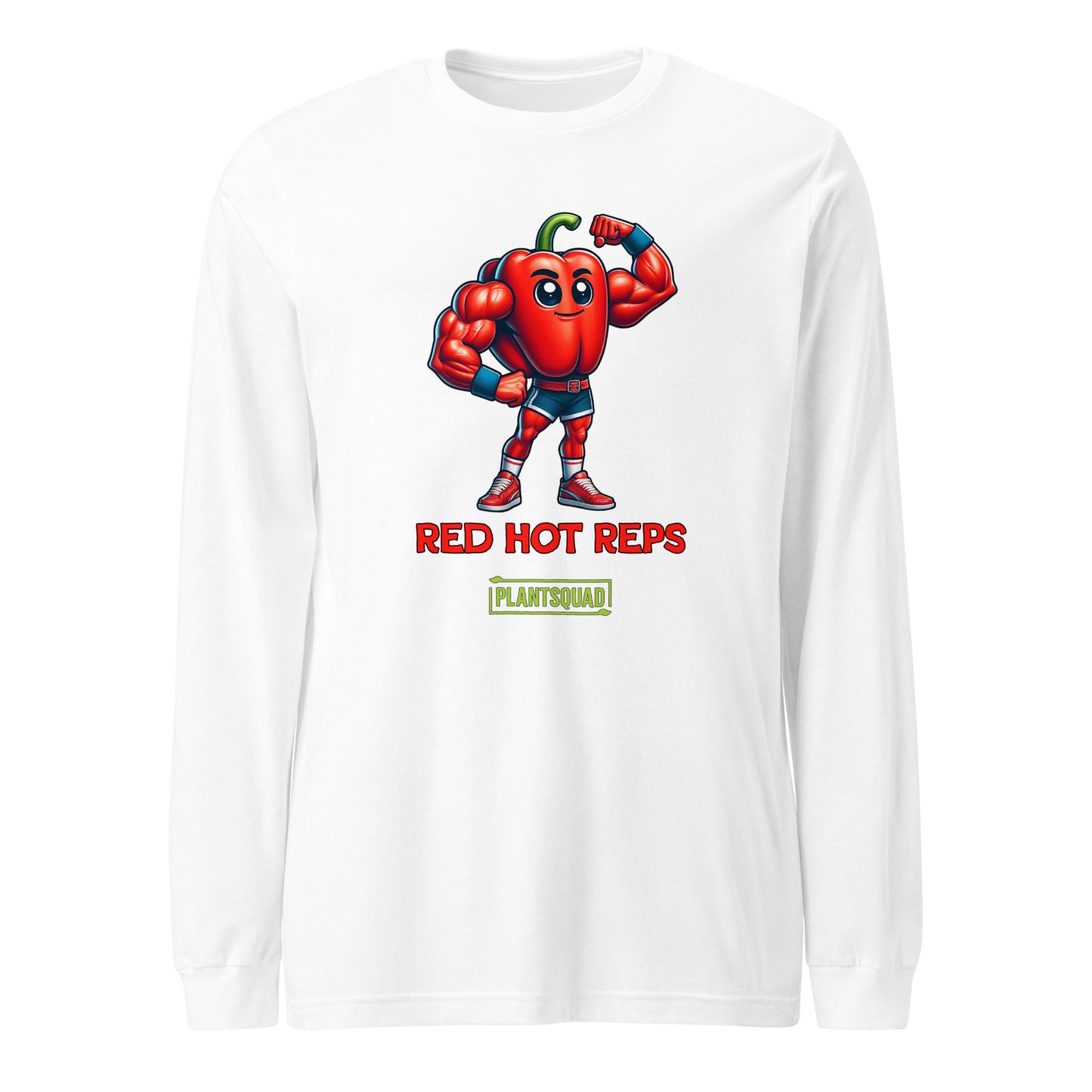 A Plantsquad Capscium "Red Hot Reps" - Unisex Long Sleeve T-Shirt perfect for fitness enthusiasts, featuring a cartoon image of a muscular chili pepper character flexing its arms. Text below the image reads "RED HOT REPS" in red letters, and underneath is the "PLANTSQUAD" logo in green, celebrating a vegan lifestyle.