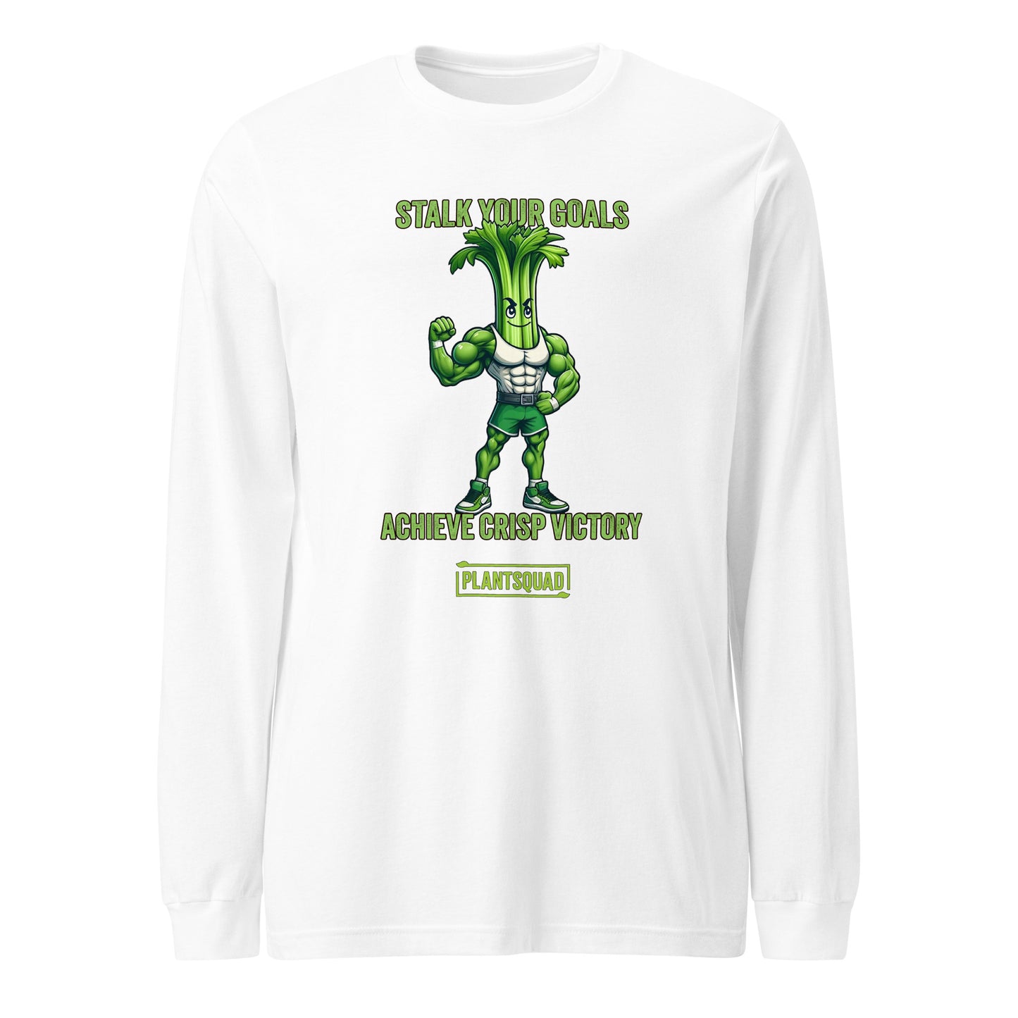 Plantsquad Celery "Stalk Your Goals Achieve Crisp Victory" - Unisex Long Sleeve T-Shirt: A black long-sleeve fitness shirt featuring a muscly celery cartoon flexing muscles with the text "Stalk Your Goals" above and "Achieve Crisp Victory" below. Perfect for embracing a vegan lifestyle, the words "Plantsquad" appear at the bottom.