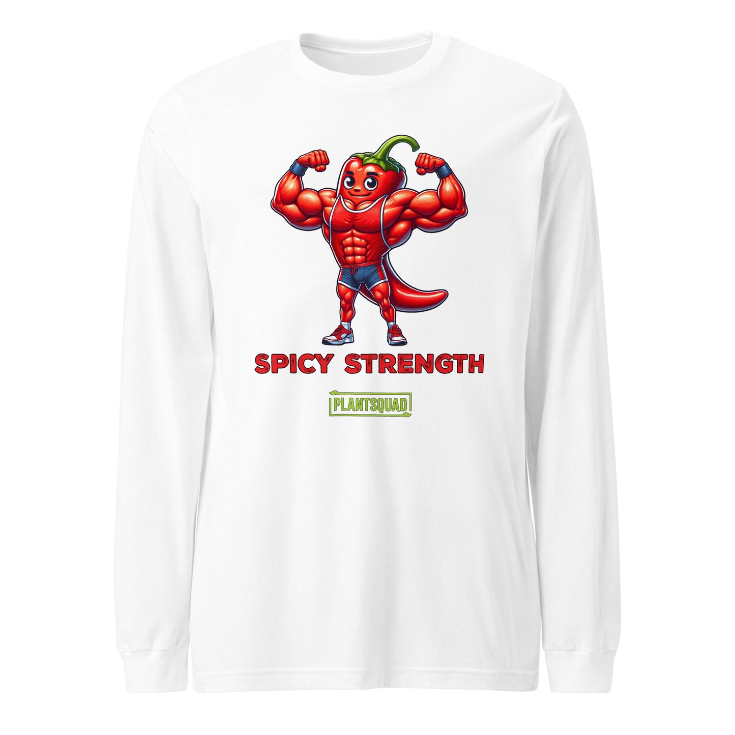 A Plantsquad Chilli "Spicy Strength" - Unisex Long Sleeve T-Shirt displaying a muscly chili cartoon character with muscles, flexing its arms. Below the character, the text reads "SPICY STRENGTH" and "PLANTSQUAD" in red and green fonts, respectively—perfect for fitness enthusiasts embracing a vegan lifestyle.