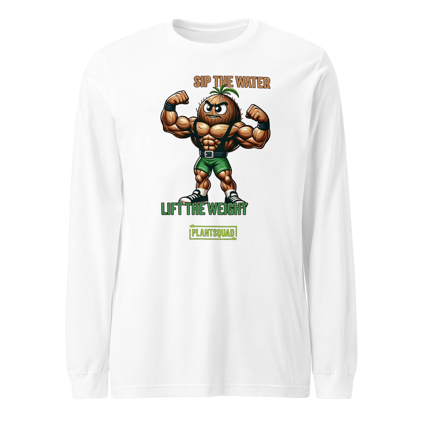 Black long-sleeve vegan fitness shirt featuring a muscly coconut cartoon lifting weights. Text above reads, "SIP THE WATER," and below, "LIFT THE WEIGHT." The word "PLANTSQUAD" appears at the bottom in a green rectangle. Perfect for anyone embracing a plant-based lifestyle.

Plantsquad Coconut "Sip The Water Lift The Weight" - Unisex Long Sleeve T-Shirt