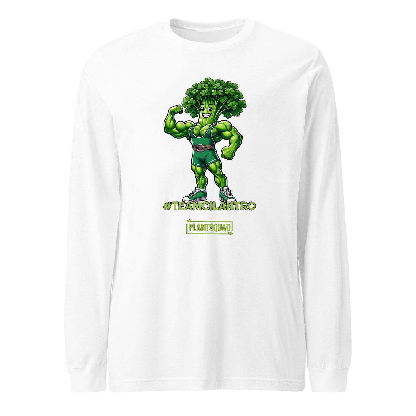 Here's the revised sentence:

A Plantsquad Cilantro "Team Cilantro" - Unisex Long Sleeve T-Shirt featuring an illustration of a muscular anthropomorphic broccoli character wearing a championship belt. Perfect for fitness enthusiasts, the text "#TEAMCILANTRO" is prominently displayed below the character, along with "PLANTSQUAD" in a green box beneath it.