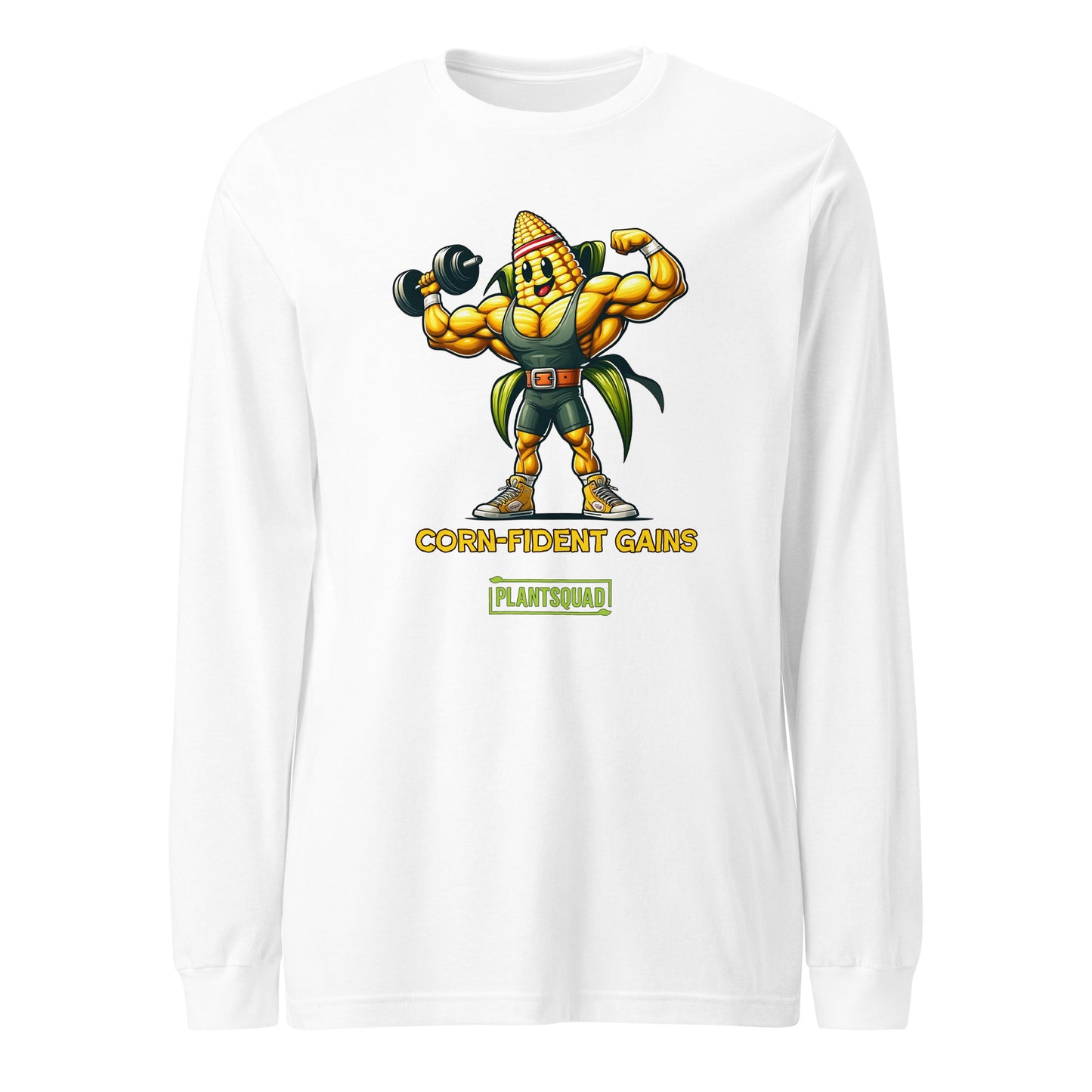 A Plantsquad Corn "Corn-fident Gains" - Unisex Long Sleeve T-Shirt features a muscular corn cob character lifting a dumbbell. The text below the character reads, "CORN-FIDENT GAINS" and "PLANTSQUAD," perfect for those embracing a plant-based, vegan lifestyle through fitness apparel.