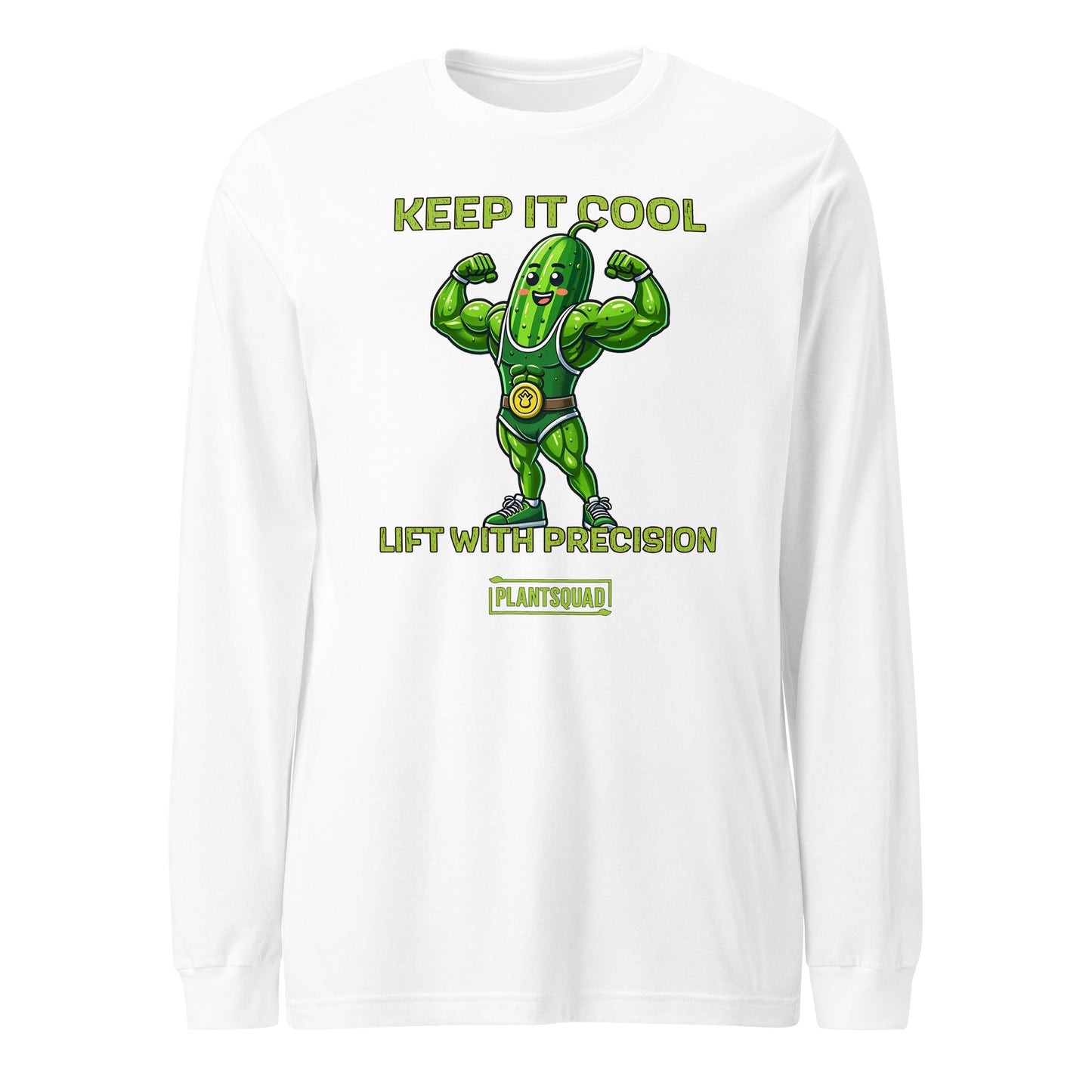 A Plantsquad Cucumber "Keep It Cool Lift With Precision" - Unisex Long Sleeve T-Shirt featuring a cartoon pickle character flexing muscular arms, wearing a green superhero-like costume. Above the pickle, text reads "KEEP IT COOL," and below, it says "LIFT WITH PRECISION." Ideal for those into vegan fitness and proudly part of the "PLANTSQUAD.