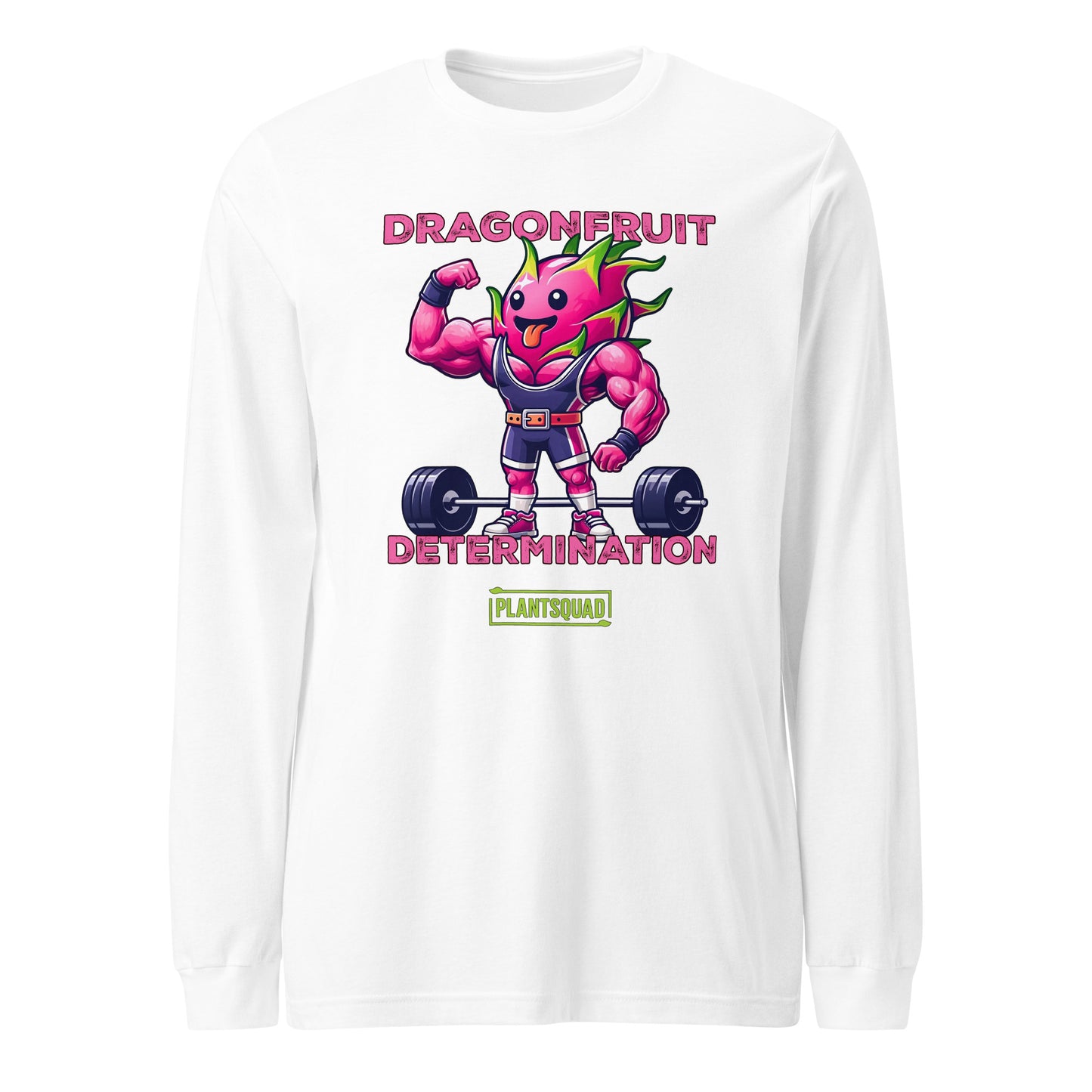 A Plantsquad Dragonfruit "Dragonfruit Determination" - Unisex Long Sleeve T-Shirt featuring a muscular anthropomorphic dragon fruit lifting a barbell. The text above reads "DRAGONFRUIT" and "DETERMINATION," while the text below says "PLANTSQUAD." The vibrant design highlights vegan fitness apparel with pink skin, green leaves, and purple gym attire.