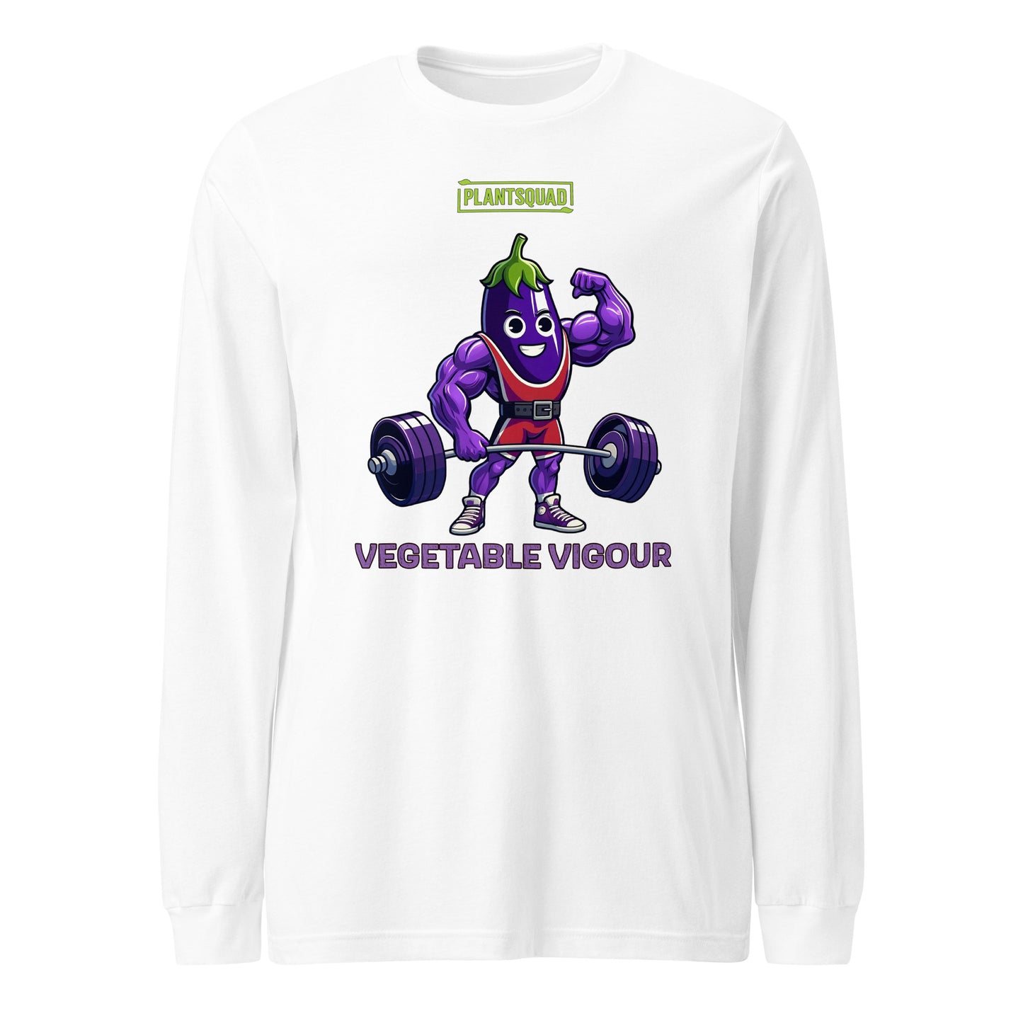 The Plantsquad Eggplant "Vegetable Vigour" - Unisex Long Sleeve T-Shirt features a cartoon eggplant character lifting a barbell. The eggplant is muscular, smiling, and wearing red shorts. Above the character, the text reads "PLANTSQUAD." Below, the text says "VEGETABLE VIGOUR" in bold purple letters—perfect for fitness enthusiasts embracing a vegan lifestyle.