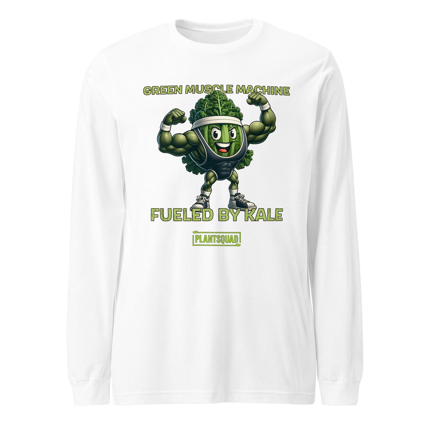 Plantsquad Kale "Green Muscle Machine Fueled By Kale" - Unisex Long Sleeve T-Shirt featuring a muscular cartoon kale character flexing its arms. Above the character, text reads, "GREEN MUSCLE MACHINE," and below it, "FUELED BY KALE." Perfect for fitness enthusiasts embracing a vegan lifestyle! The bottom of the design includes "PLANTSQUAD" inside a rectangular box.