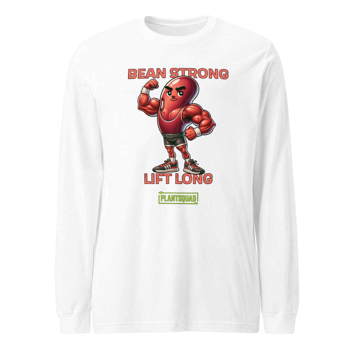 A Plantsquad Kidney Bean "Bean Strong Lift Long" - Unisex Long Sleeve T-Shirt featuring a muscular cartoon kidney bean character flexing its biceps. Above the character, the text reads "BEAN STRONG," and below, "LIFT LONG." Crafted from comfortable fabric, it's perfect for fitness enthusiasts embracing a vegan lifestyle. At the bottom, a green rectangle displays "PLANTSQUAD" in all caps.