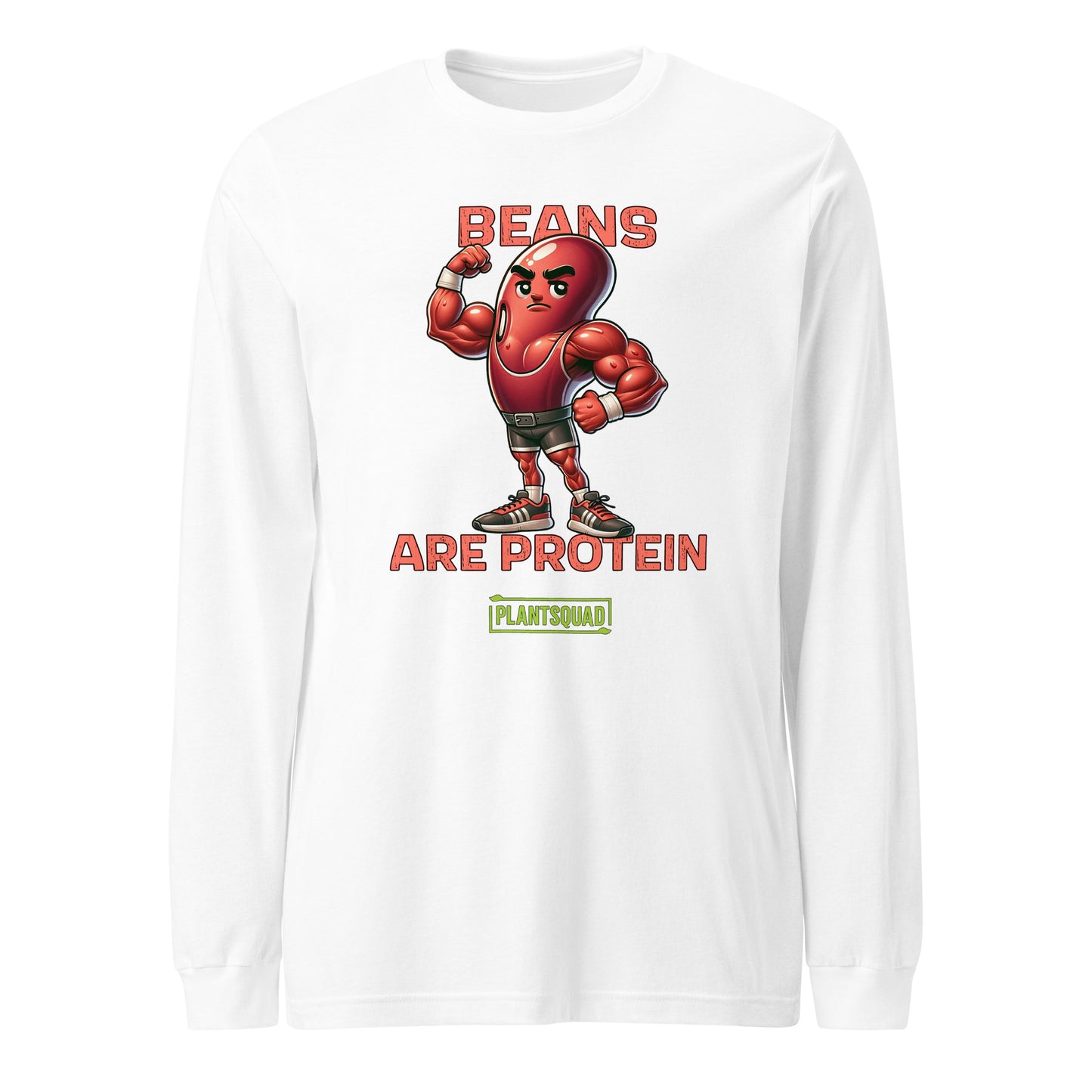 A Plantsquad Kidney Bean "Beans Are Protein" - Unisex Long Sleeve T-Shirt with a graphic showing a muscular animated bean flexing its arm. The text above the bean reads "BEANS" and below it reads "ARE PROTEIN." At the bottom, there is a green and yellow banner with the word "PLANTSQUAD." Perfect for fitness enthusiasts embracing a vegan lifestyle.