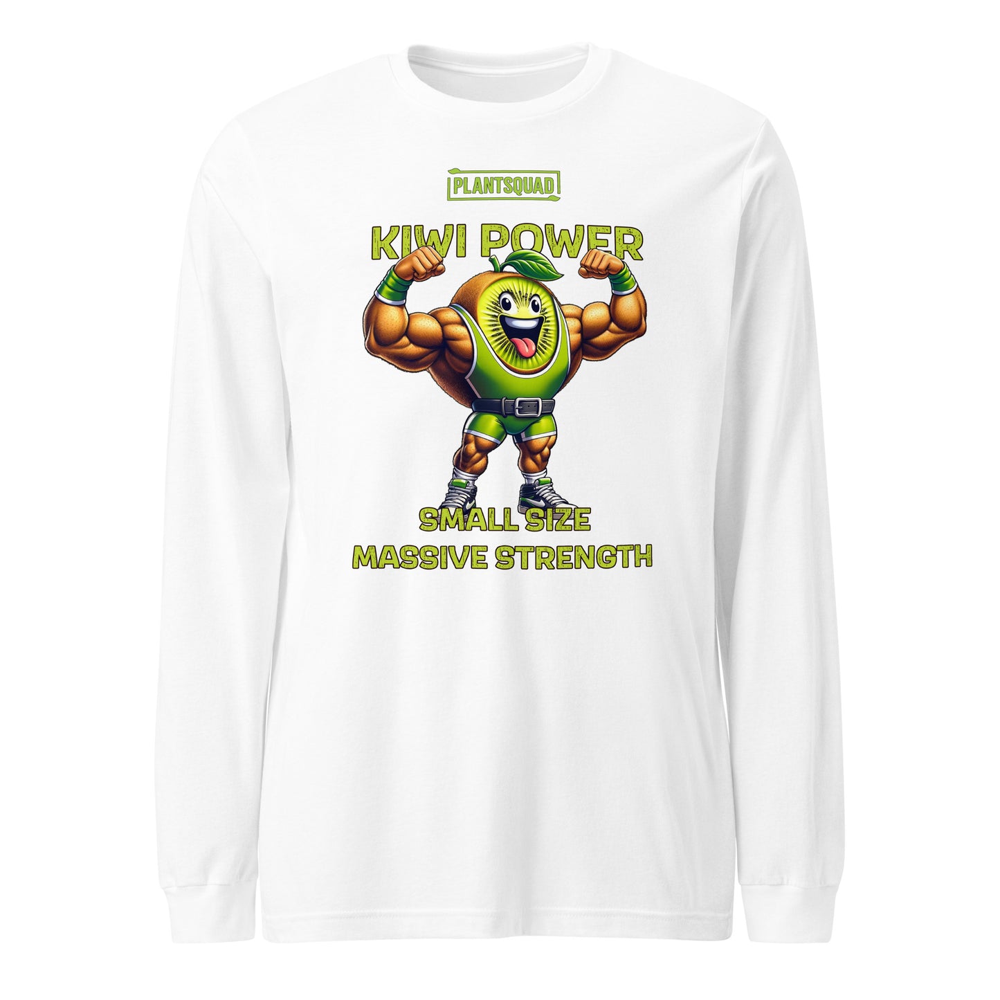 Black long-sleeve shirt featuring a muscly kiwi cartoon flexing its muscles. Above the character, the text reads "PLANTSQUAD," and below, it says "KIWI POWER." Further down, the text reads "SMALL SIZE MASSIVE STRENGTH" in bold yellow letters—a perfect fit for fitness enthusiasts embracing a vegan lifestyle. Introducing the Plantsquad Kiwi "Kiwi Power Small Size Massive Strength" - Unisex Long Sleeve T-Shirt.