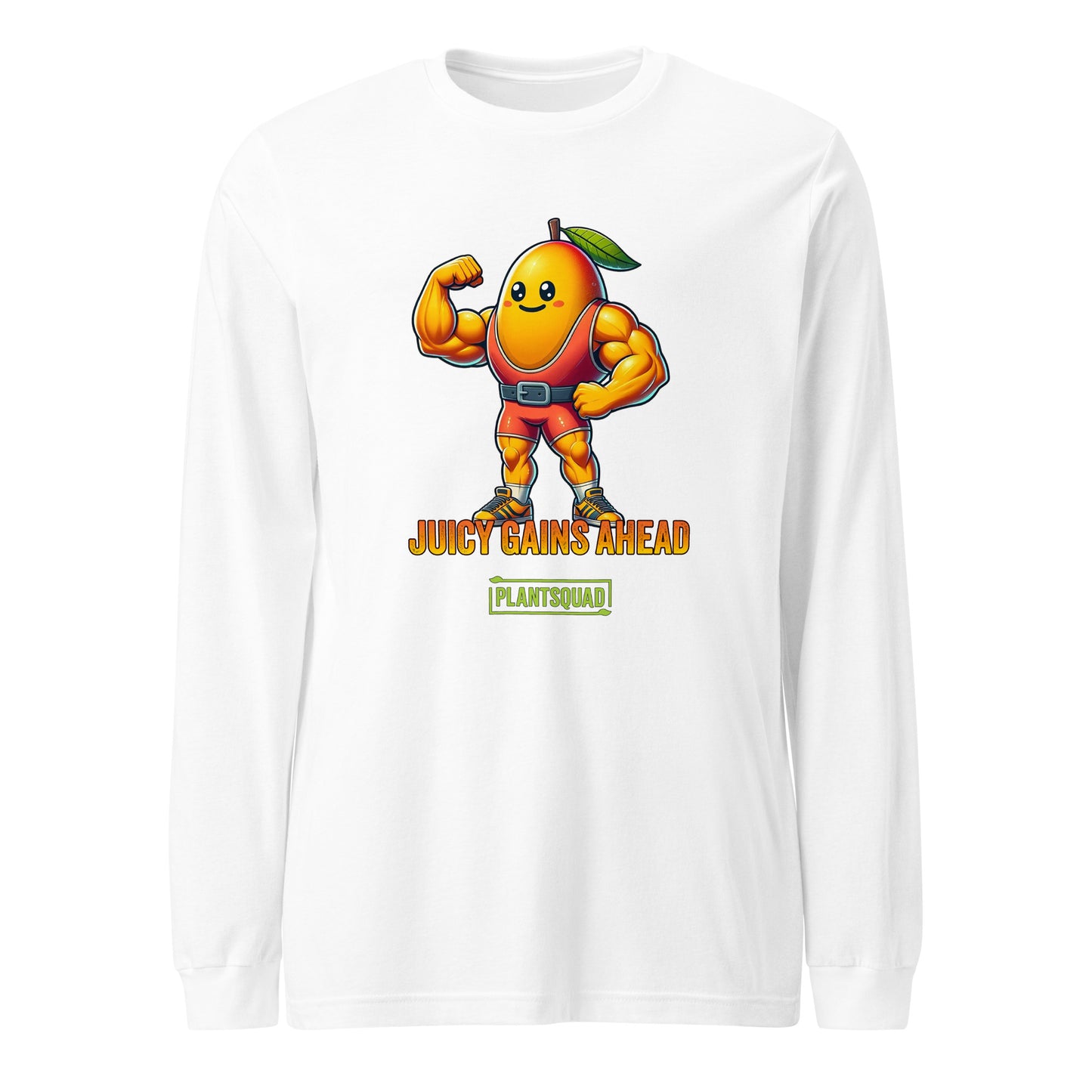 A black long-sleeve workout shirt featuring an illustration of a muscular anthropomorphic mango wearing a red leotard with green boots. Perfect for fitness enthusiasts, the text below reads "JUICY GAINS AHEAD" and "PLANTSQUAD," embracing the Vegan lifestyle. This is the Plantsquad Mango "Juicy Gains Ahead" - Unisex Long Sleeve T-Shirt.