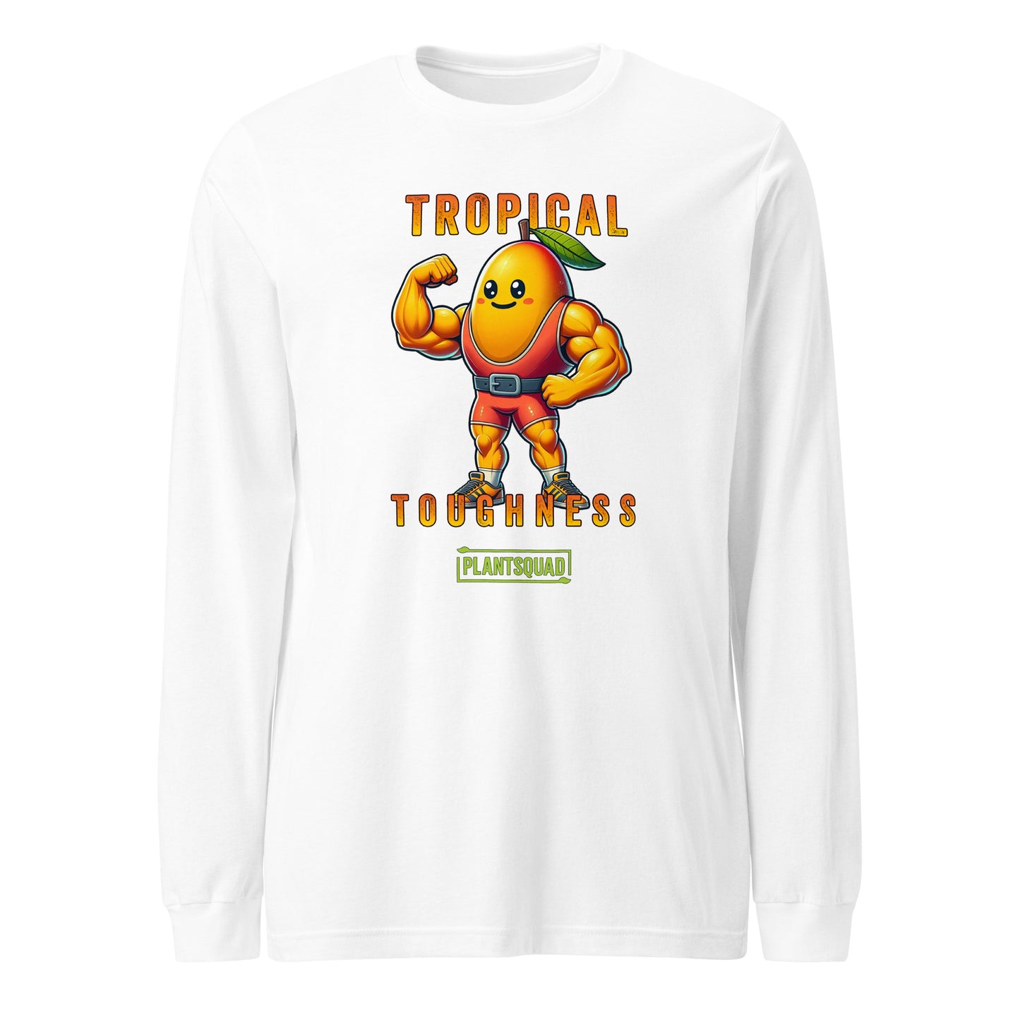 The Plantsquad Mango "Tropical Toughness" - Unisex Long Sleeve T-Shirt features a muscular, animated mango character dressed in red workout gear. The text "Tropical Toughness" is printed above and below the mango, with "Plantsquad" at the bottom. Perfect for fitness enthusiasts embracing a vegan lifestyle.