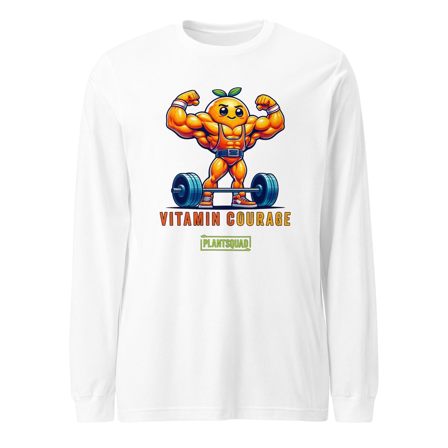 A black long-sleeve shirt features a muscular orange cartoon character lifting weights and flexing its arms. Text below the character reads "VITAMIN COURAGE" in orange letters and "PLANTSQUAD" in a green box, making it perfect for fitness enthusiasts embracing a vegan lifestyle. This is the Plantsquad Orange "Vitamin Courage" - Unisex Long Sleeve T-Shirt.