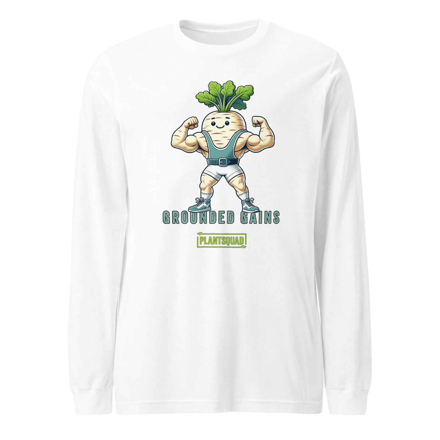 A Plantsquad Parsnip "Grounded Gains" - Unisex Long Sleeve T-Shirt features a muscular anthropomorphic parsnip flexing its biceps. The parsnip wears gym attire and has leafy greens on its head. Text below reads "GROUNDED GAINS" and "PLANTSQUAD," perfect for fitness enthusiasts embracing a vegan lifestyle.