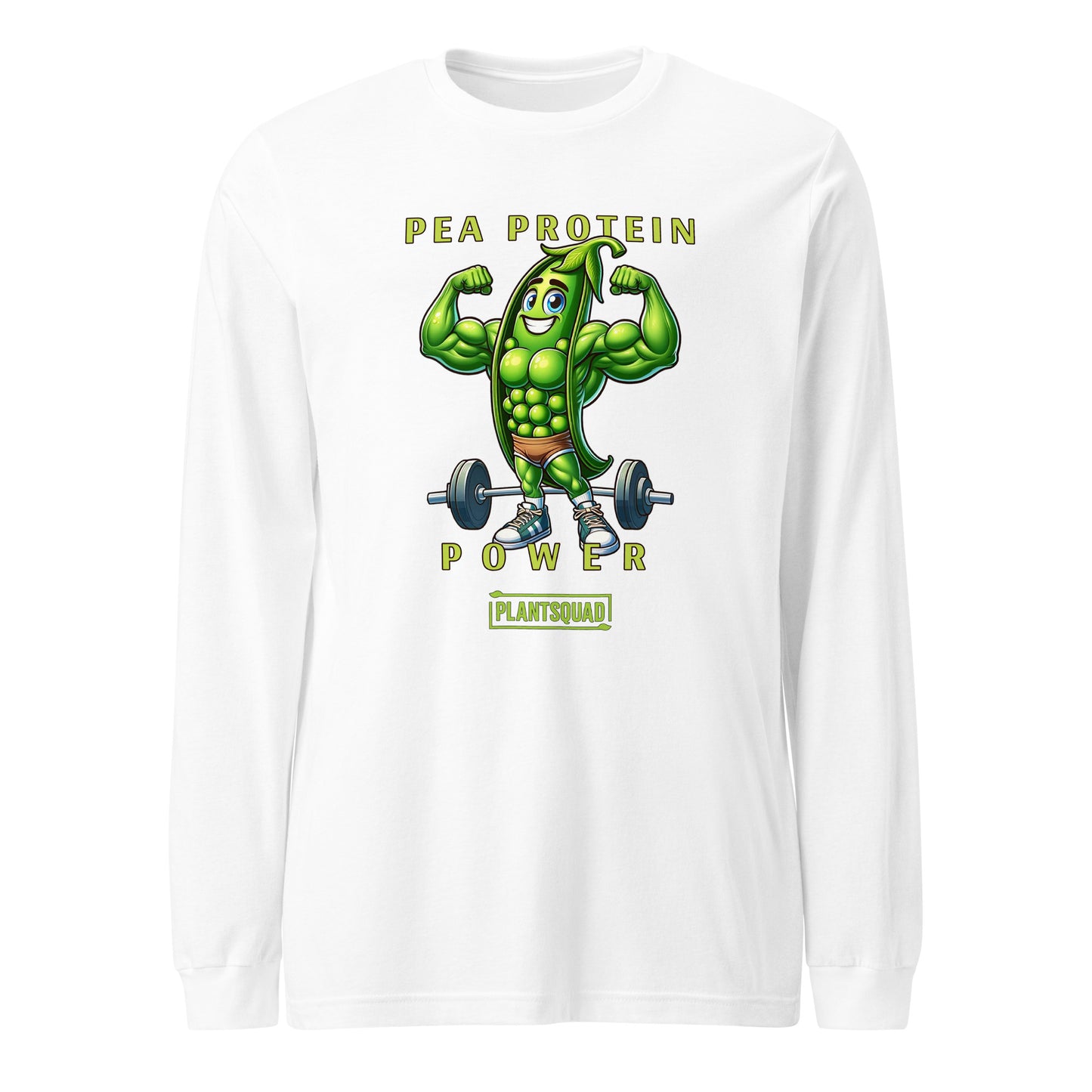 A Plantsquad Peas "Pea Protein Power" - Unisex Long Sleeve T-Shirt featuring a cartoon image of a muscular pea pod flexing its arms above a barbell. Text above reads "PEA PROTEIN POWER," and below the image is the word "PLANTSQUAD." Perfect for fitness enthusiasts embracing a plant-based, vegan lifestyle.