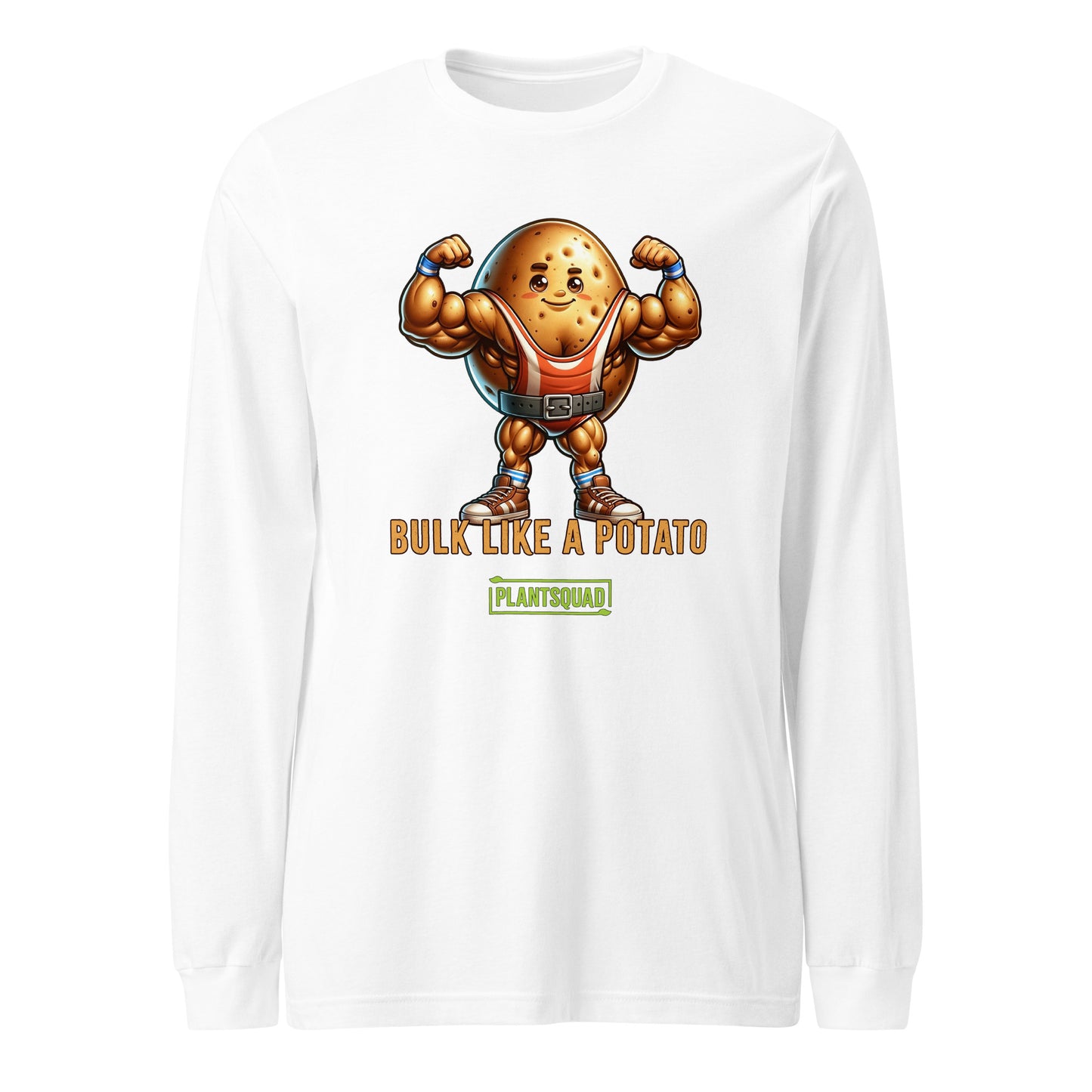 A Plantsquad Potato "Bulk Like A Potato" - Unisex Hoodie featuring a muscular cartoon potato with flexed arms. The text below the potato reads "BULK LIKE A POTATO" and "PLANTSQUAD," making it the perfect apparel for fitness enthusiasts who embrace a vegan lifestyle.