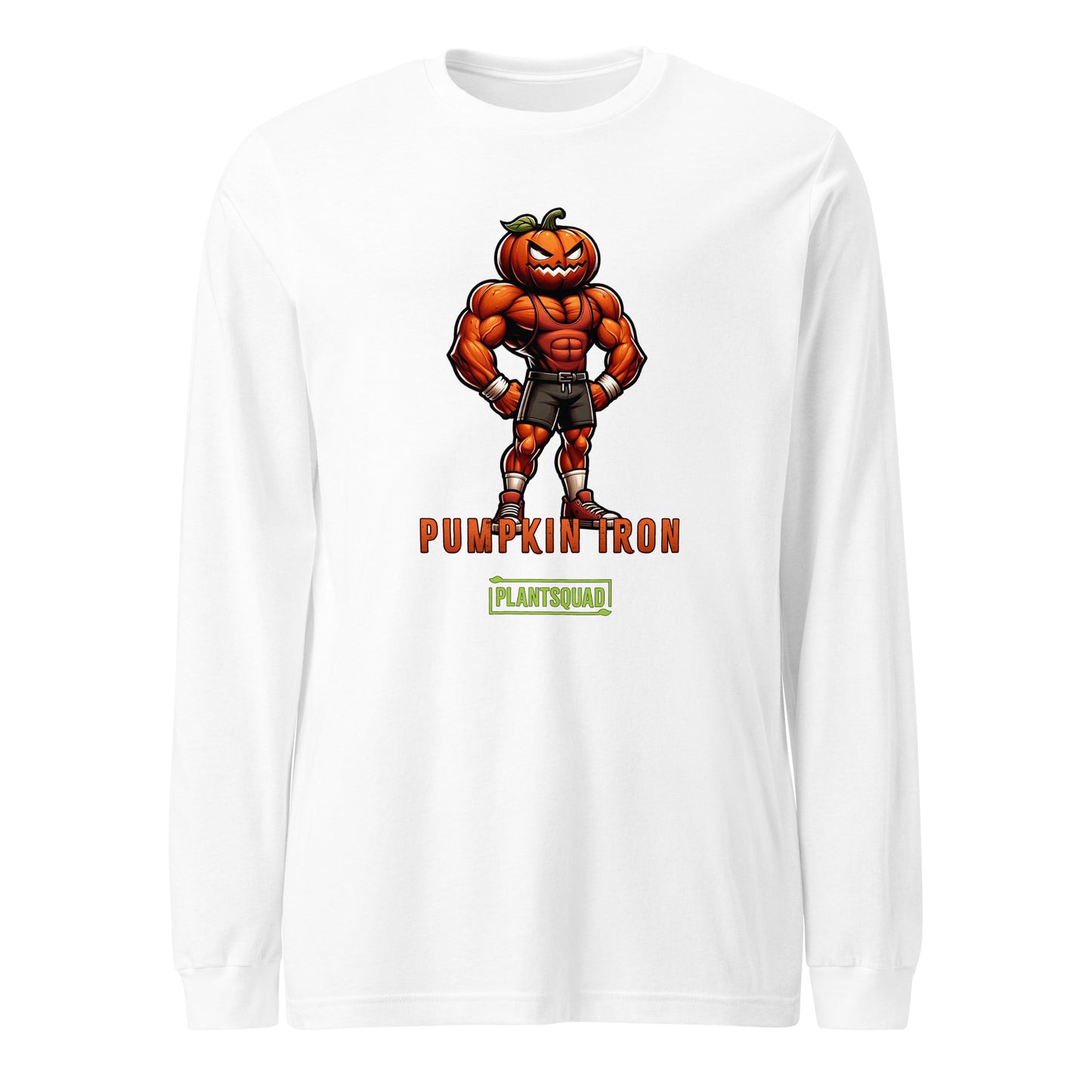 A black long-sleeve shirt features a muscly pumpkin cartoon character with a pumpkin head, wearing shorts and sneakers. The confident figure stands with fists on hips, perfect for fitness enthusiasts. The text "Plantsquad Pumpkin 'Pumpkin Iron' - Unisex Long Sleeve T-Shirt" is written below the character, followed by "PLANTSQUAD" in a green box.