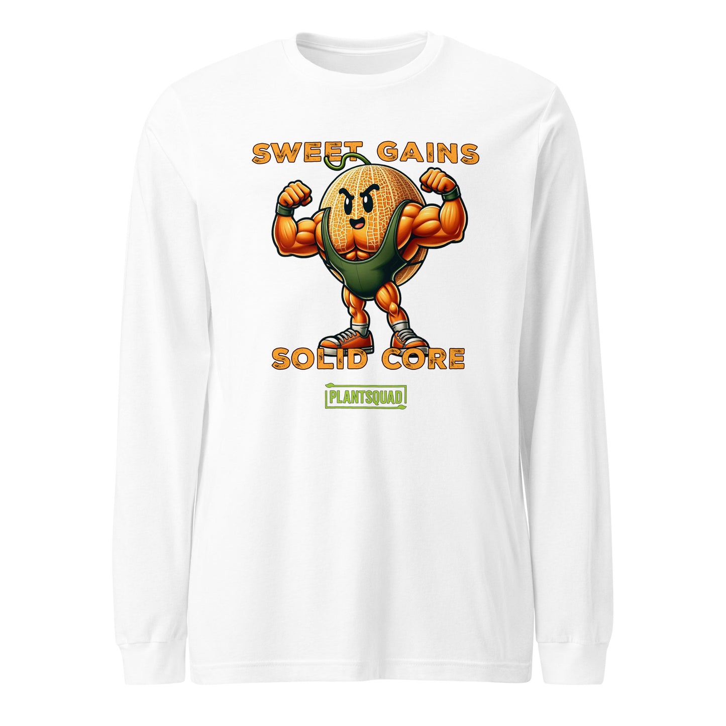 A black long-sleeve shirt features a muscular cartoon carrot flexing its arms. Above the carrot, the text reads "Sweet Gains," and below it, "Solid Core." Beneath this, "PLANTSQUAD" is printed within a green rectangular box, showcasing vegan fitness apparel for those embracing a plant-based lifestyle. The product is named Plantsquad Rockmelon "Sweet Gains Solid Core" - Unisex Long Sleeve T-Shirt.
