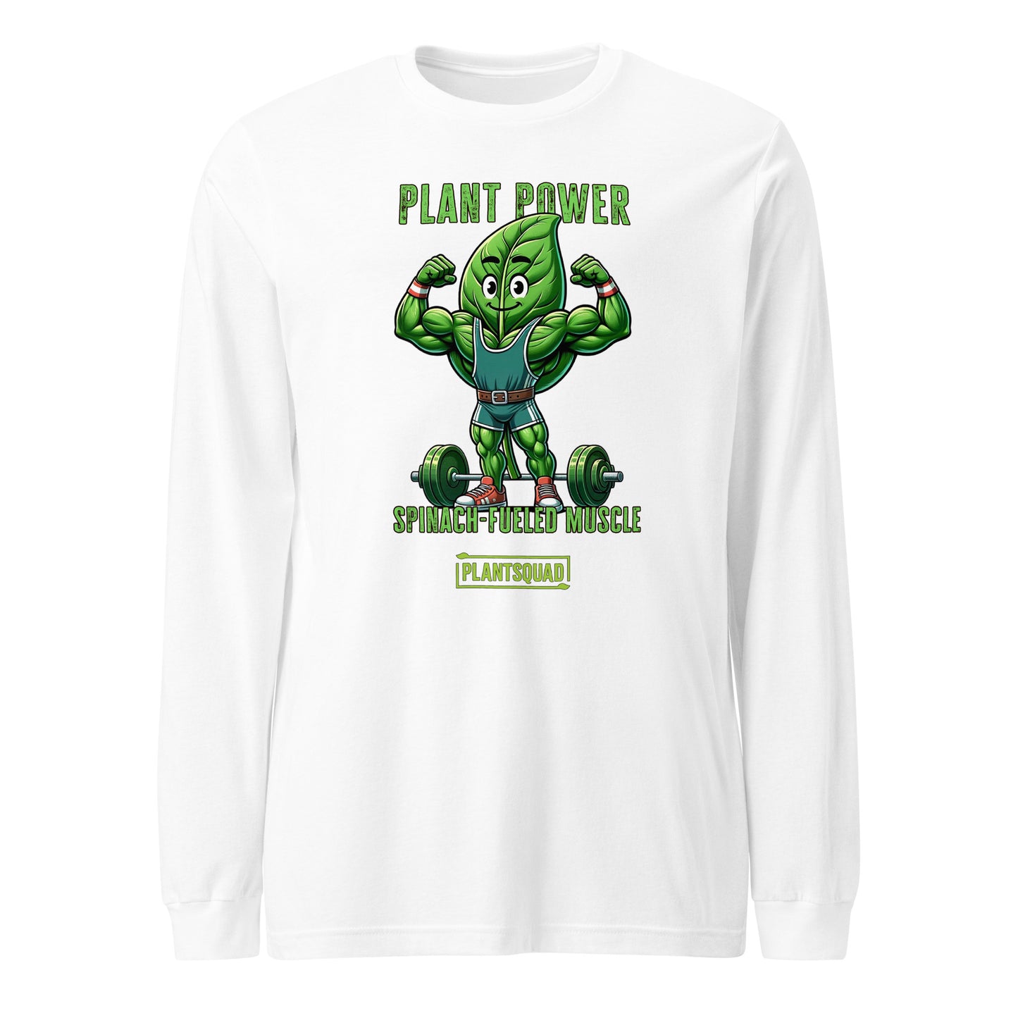 The Plantsquad Spinach "Plant Power Spinach Fueled Muscle" - Unisex Long Sleeve T-Shirt displays a cartoon spinach leaf character lifting weights. The text above reads "PLANT POWER" and below reads "SPINACH-FUELED MUSCLE." A small "PLANTSQUAD" logo is beneath the character. Perfect for fitness enthusiasts embracing a vegan lifestyle, the design is vibrant and green-themed.