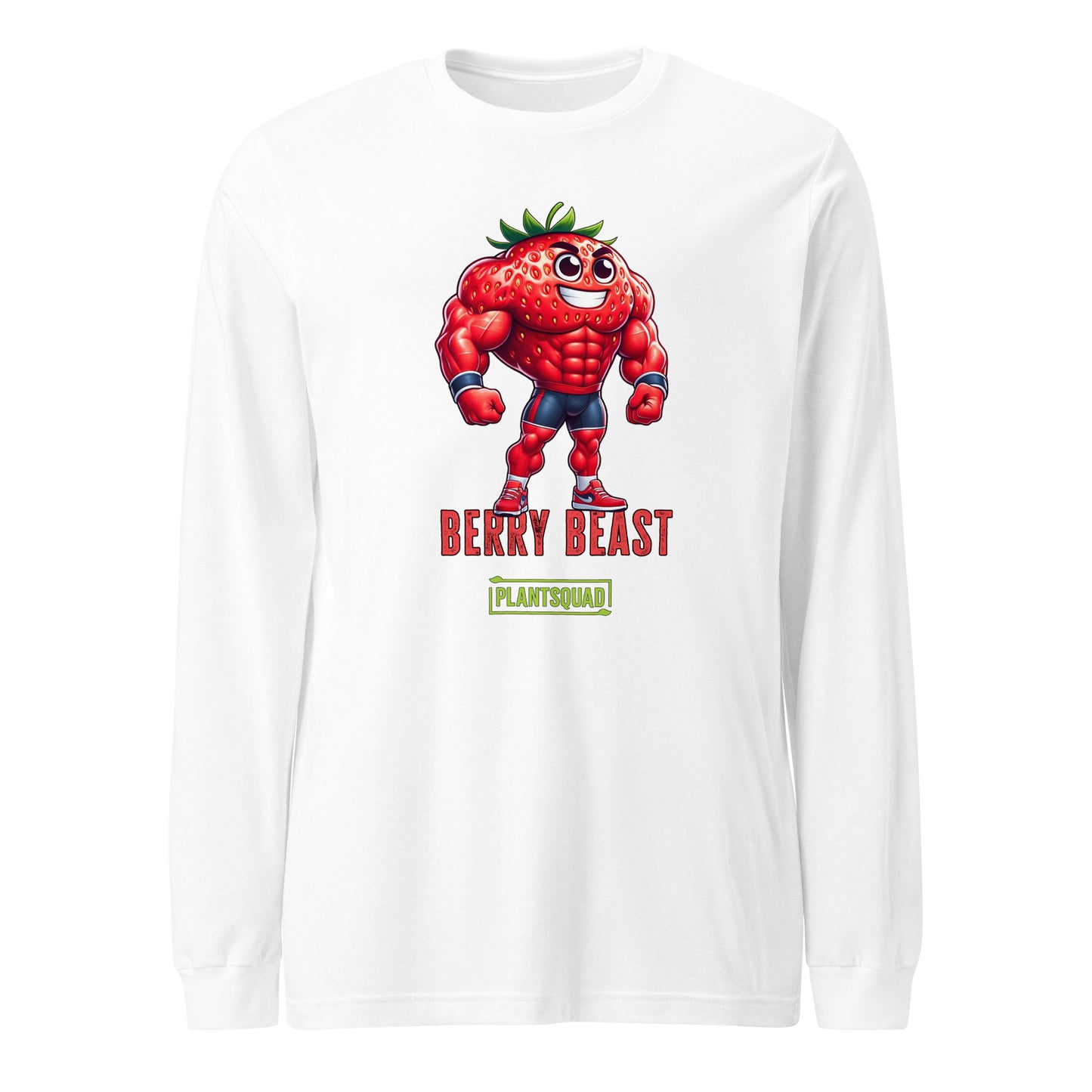 The Plantsquad Strawberry "Berry Beast" - Unisex Long Sleeve T-Shirt features a muscly strawberry cartoon character with the text "Berry Beast" in bold red and purple letters above the word "Plantsquad" in a green box. Perfect for fitness enthusiasts embracing a vegan lifestyle, this design showcases strength in style.