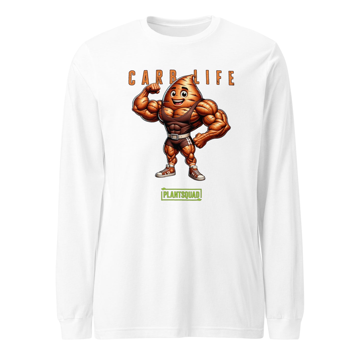 Plantsquad Sweet Potato "Carb Life" - Unisex Long Sleeve T-Shirt showcasing a muscular cartoon potato flexing its biceps, with the text "CARB LIFE" above and "PLANTSQUAD" below—perfect for fitness enthusiasts embracing the vegan lifestyle.