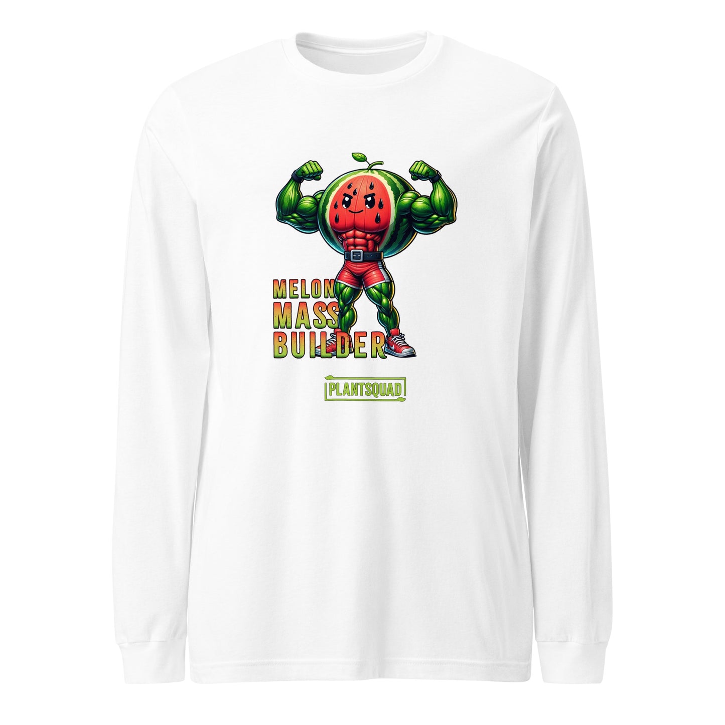 A Plantsquad Watermelon "Melon Mass Builder" - Unisex Long Sleeve T-Shirt featuring a muscular cartoon character with a watermelon head, flexing its arms. Perfect for fitness enthusiasts embracing the vegan lifestyle, the text "MELON MASS BUILDER" in red and yellow is printed next to the character, with "PLANTSQUAD" beneath it in green.