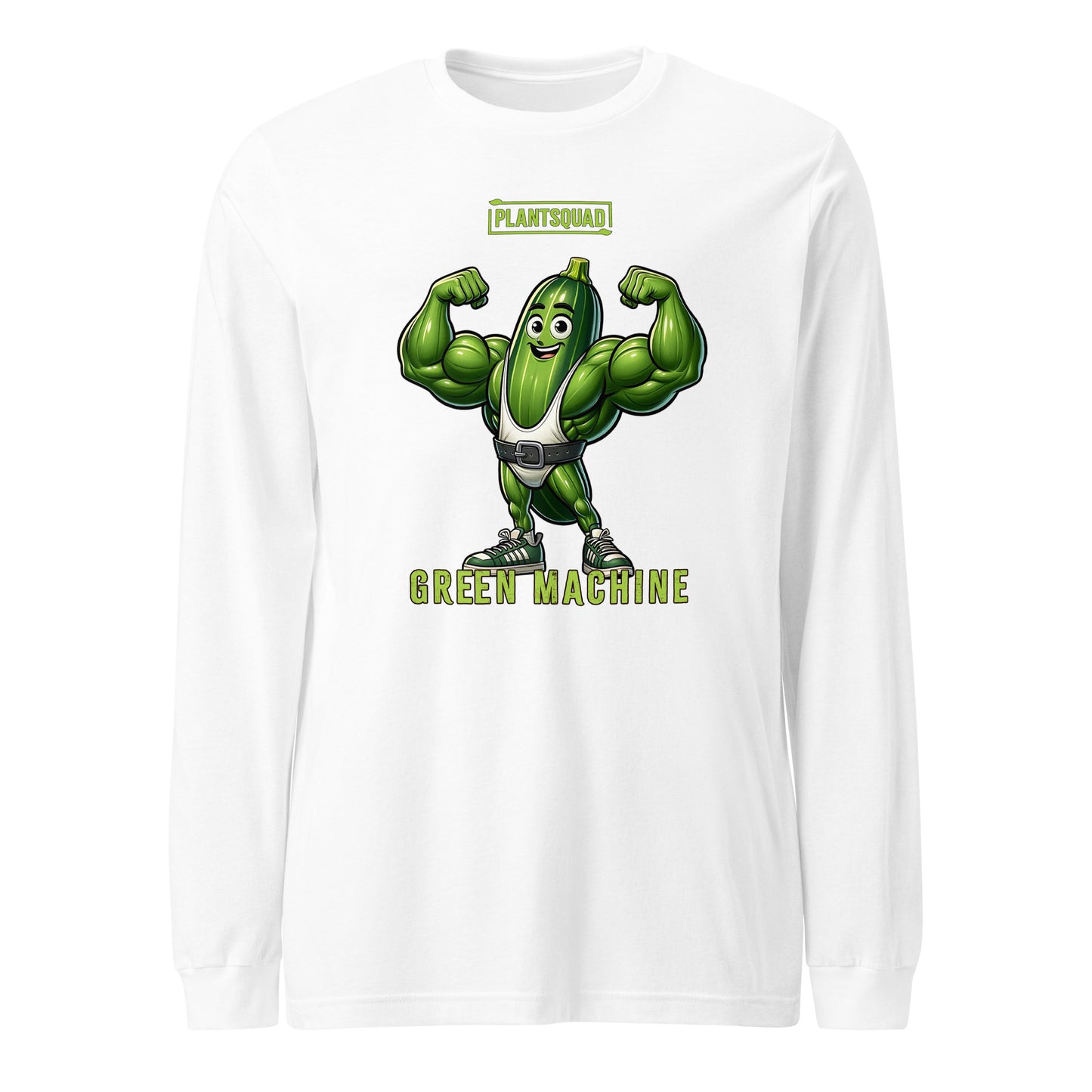 Black long-sleeve shirt displaying a cartoonish green muscular vegetable character flexing its muscles. The text "PLANTSQUAD" is at the top, with "GREEN MACHINE" below the character. Perfect for fitness enthusiasts embracing a vegan lifestyle, this Plantsquad Zucchini "Green Machine" - Unisex Long Sleeve T-Shirt combines humor and health.