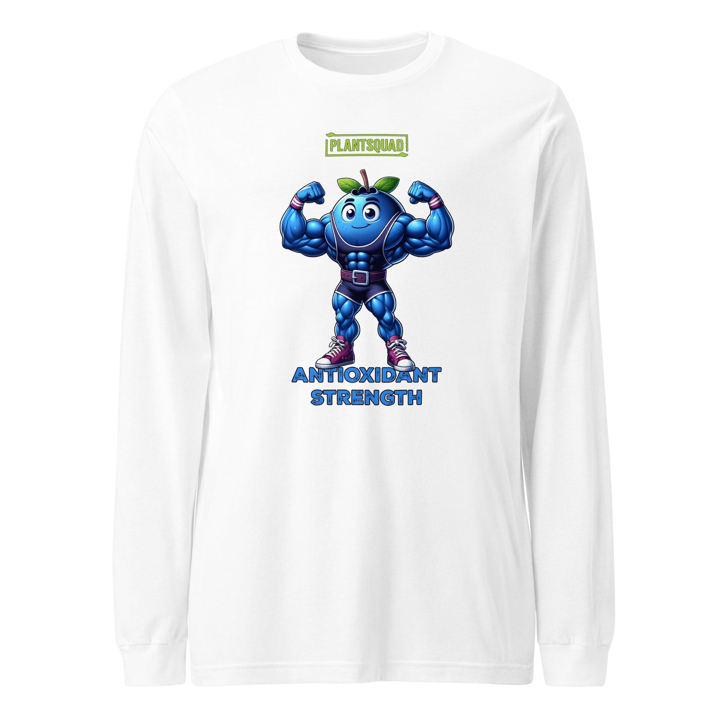 Product Description: Plantsquad Blueberry "Antioxidant Strength" - Unisex Long Sleeve T-Shirt featuring an illustrated blue, muscular cartoon superhero resembling a muscly blueberry with antennas, flexing its arms. Above the character, the text reads "PLANTSQUAD," and below, it says "ANTIOXIDANT STRENGTH" in blue letters. Perfect for promoting a plant-based lifestyle and vegan fitness.