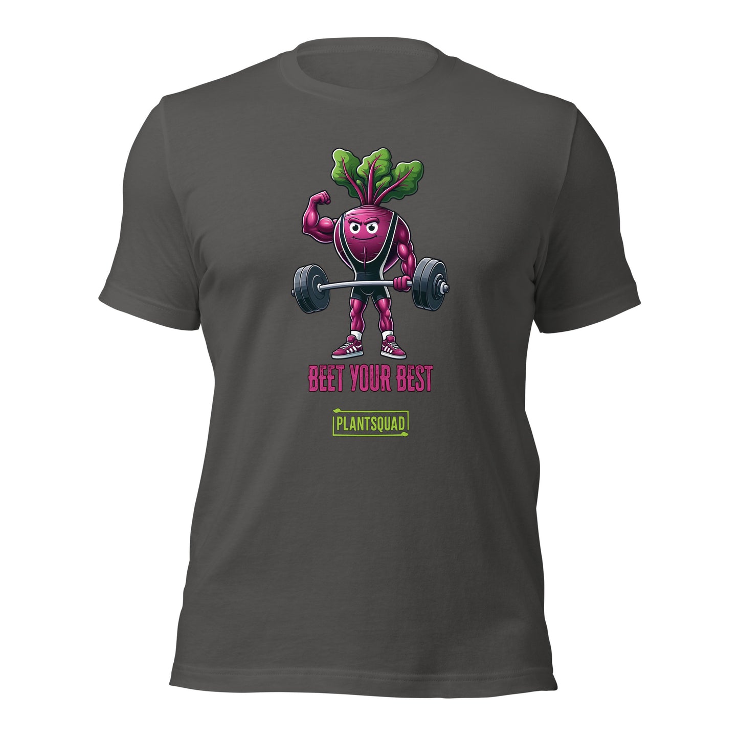 A Plantsquad Beetroot "Beet Your Best" - Unisex T-Shirt featuring a cartoon beetroot lifting weights with a determined expression. Above the beetroot, the text reads, "BEET YOUR BEST," while below it, "PLANTSQUAD" is showcased in a green box.