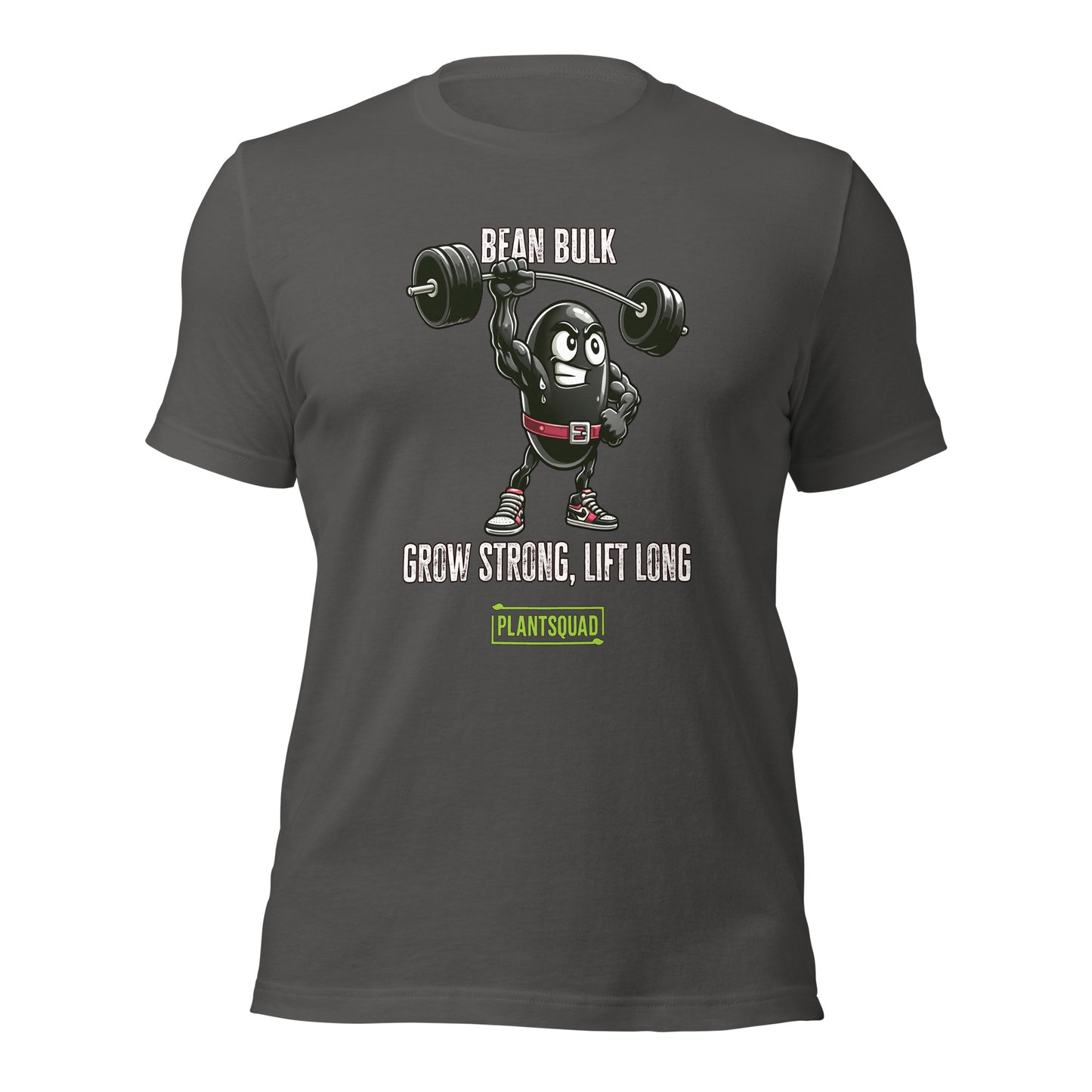 The Plantsquad Black Bean "Bean Bulk Grow Strong Lift Long" - Unisex T-Shirt features a muscular cartoon bean character lifting a barbell. The text above the character reads "Bean Bulk" and below it says "Grow Strong, Lift Long." Proudly show your loyalty to the Plantsquad with the word displayed in a green box at the bottom.