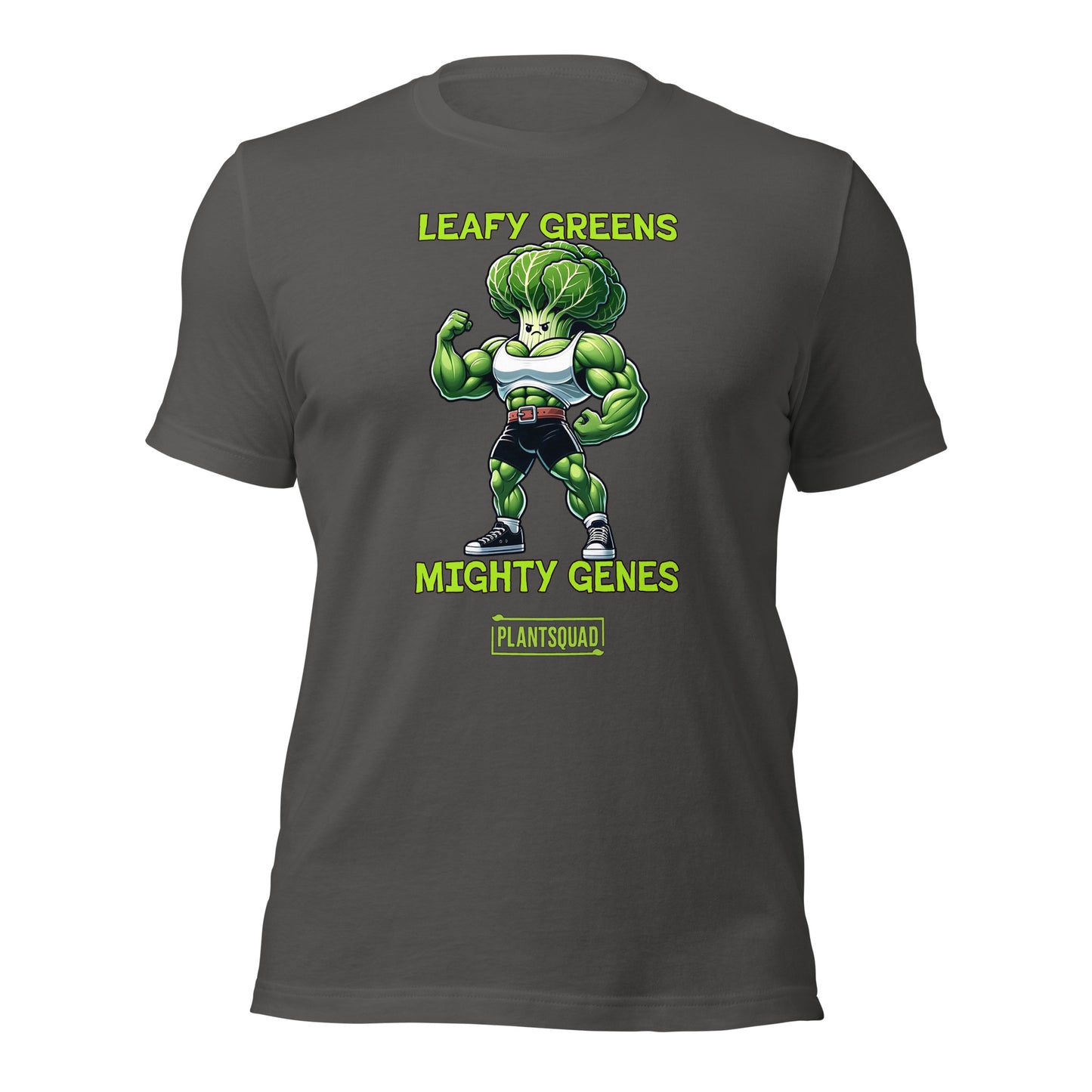 Product Name: Plantsquad Cabbage "Leafy Greens Mighty Genes" - Unisex T-Shirt

A Plantsquad Cabbage "Leafy Greens Mighty Genes" - Unisex T-Shirt featuring a muscular cartoon broccoli character flexing its arms. The text above the character reads "LEAFY GREENS" and below it, "MIGHTY GENES." A small rectangle at the bottom proudly boasts "#plantsquad.