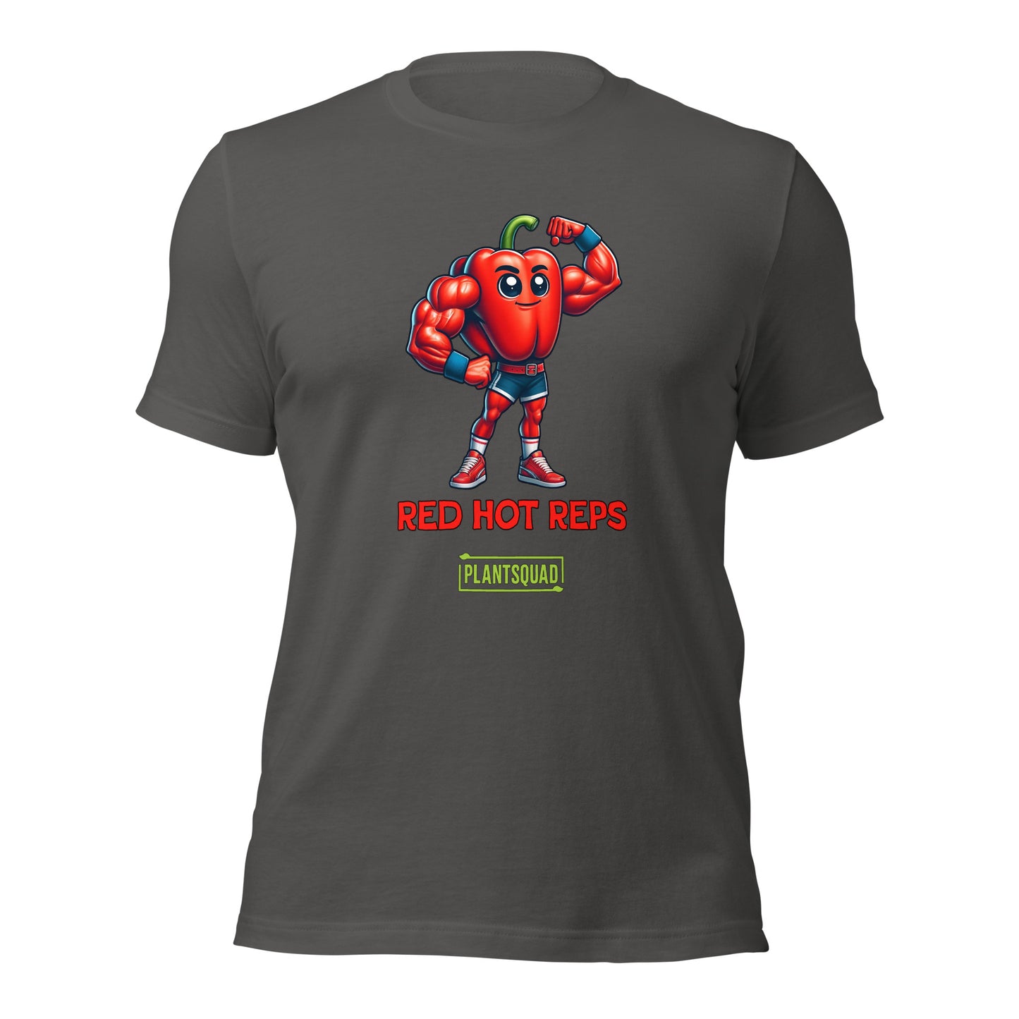 A Plantsquad Capsicum "Red Hot Reps" - Unisex T-Shirt featuring an illustration of a muscular red pepper character flexing its arms. Below the character are the words "RED HOT REPS" in bold red letters, and "PLANTSQUAD" in vibrant green text with a yellow border, showcasing your love for fitness and plant power.