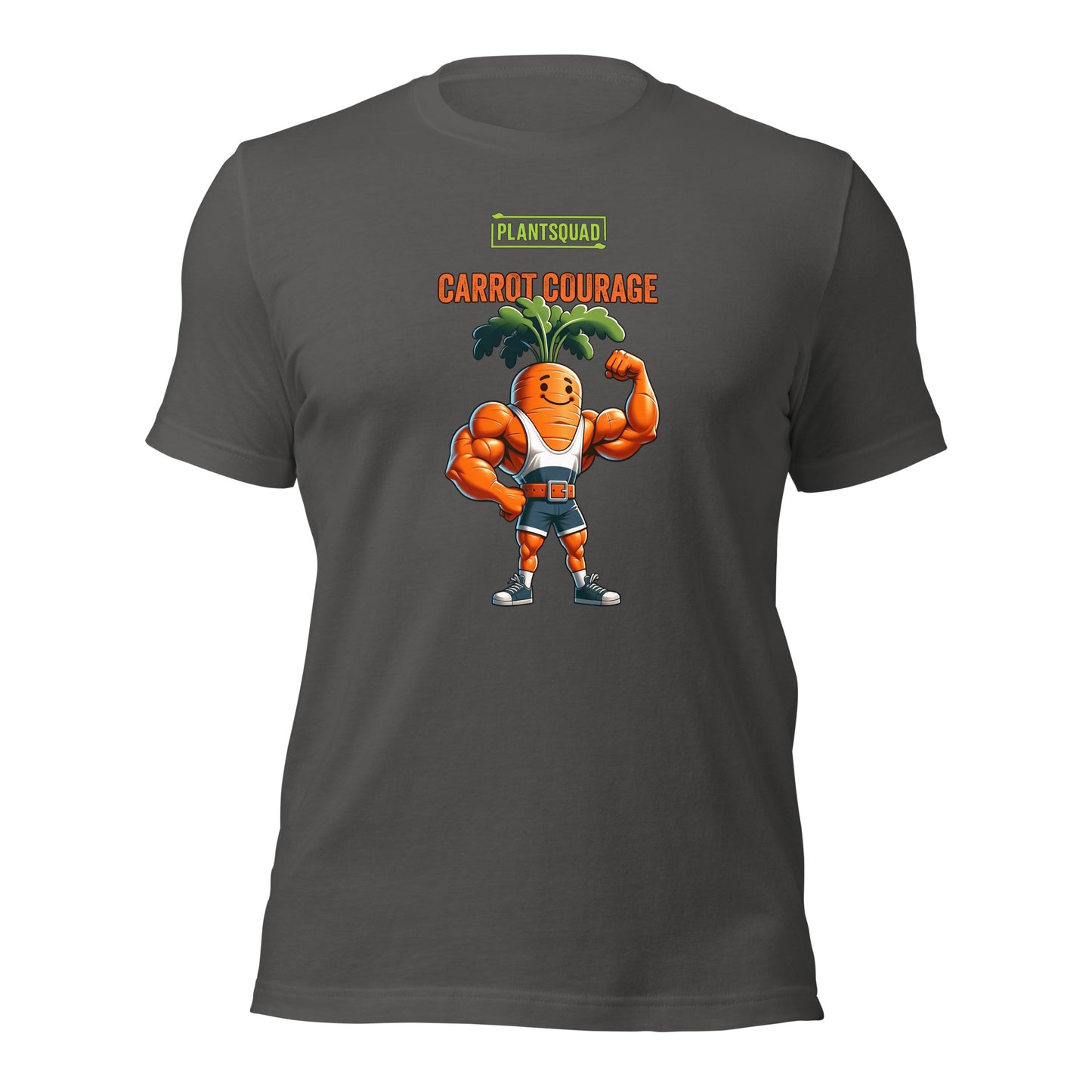 Plantsquad Carrot "Carrot Courage" - Unisex T-Shirt featuring a muscular carrot character flexing its muscles, with "PLANTSQUAD" boldly above and "CARROT COURAGE" below. The carrot sports a smiling face and green leafy hair, proudly representing the plantsquad.