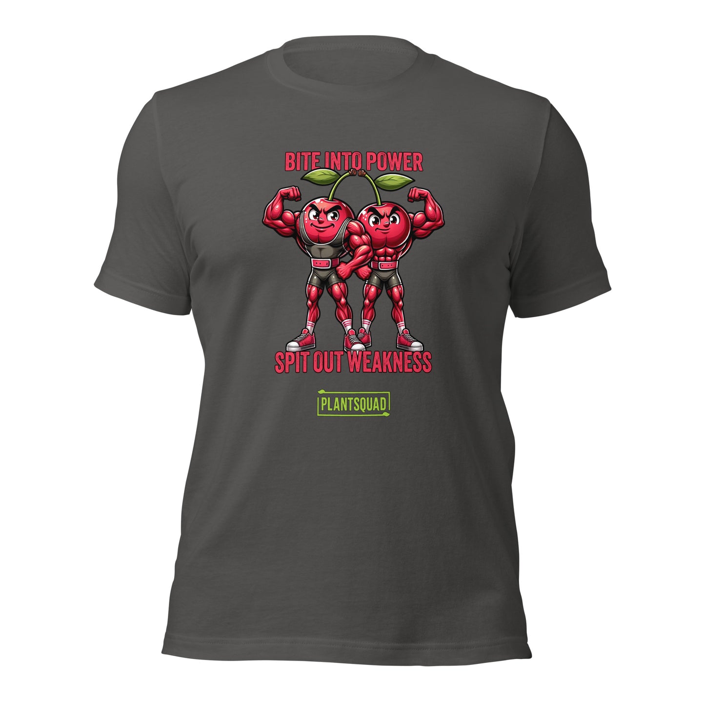 A black Plantsquad Cherries "Bite Into Power Spit Out Weakness" - Unisex T-shirt features two muscular cartoon cherries flexing their arms. Above them, pink text reads "Bite Into Power." Below them, white text reads "Spit Out Weakness." At the bottom, there's a green and yellow Plantsquad logo.