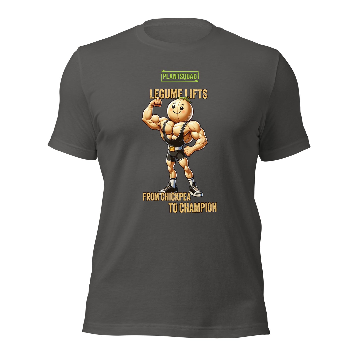 A black T-shirt featuring a muscular, anthropomorphic chickpea in a black singlet. The text reads, "PLANTSQUAD LEGUME LIFTS FROM CHICKPEA TO CHAMPION." The chickpea is flexing its biceps and smiling confidently. This is the Plantsquad Chickpea "Legume Lifts" - Unisex T-Shirt.