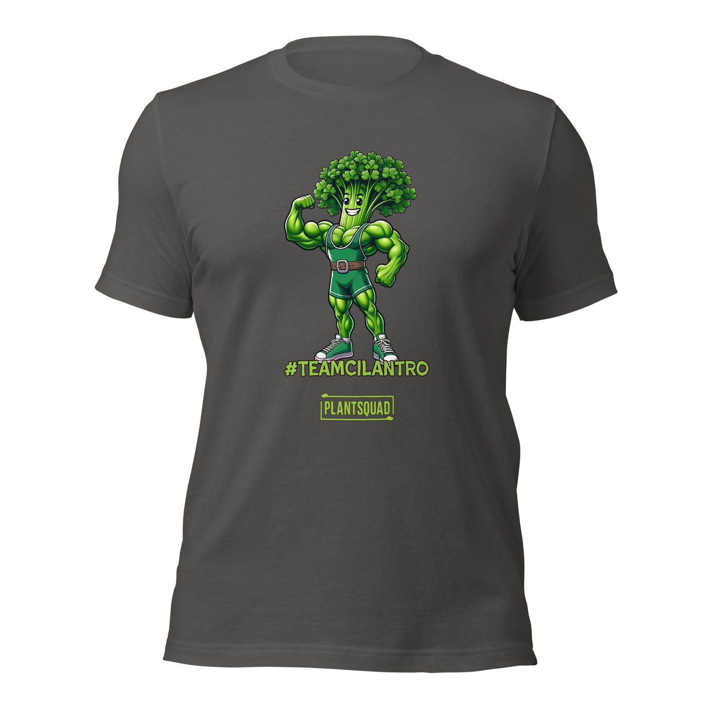 A Plantsquad Cilantro "Team Cilantro" - Unisex T-Shirt showcasing a cartoon character with a broccoli head and muscular green body. The character, dressed in a green singlet and flexing one arm, proudly displays the text "#TEAMCILANTRO" below, alongside the iconic "plant squad" logo.