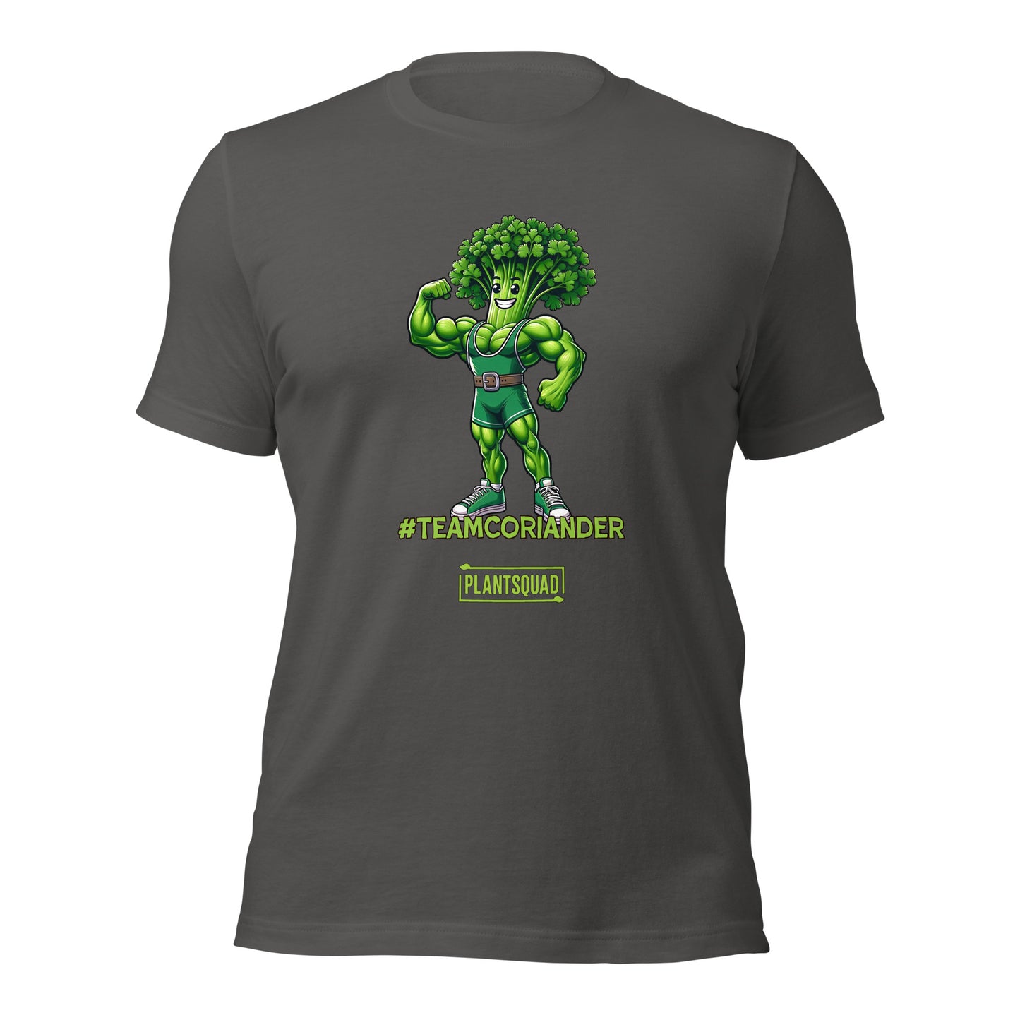 A black t-shirt featuring a cartoon anthropomorphic broccoli character flexing its muscles. The character is wearing a green singlet and sneakers. Text underneath reads "#TEAMCORIANDER" and "PLANTSQUAD" in bright green and yellow lettering, proudly showcasing your plantsquad spirit. This is the Plantsquad Coriander "Team Coriander" - Unisex T-Shirt.