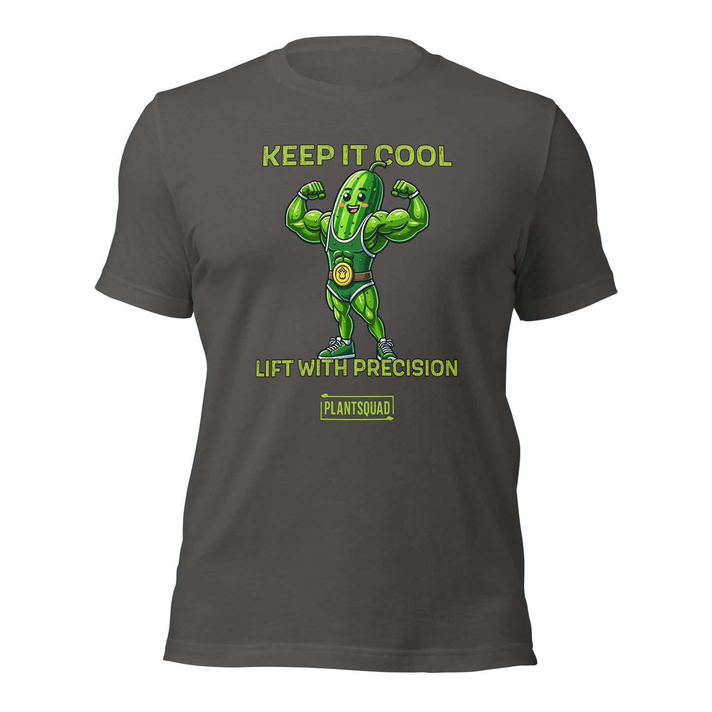 The Plantsquad Cucumber "Keep It Cool Lift With Precision" - Unisex T-Shirt showcases a cartoon cucumber in a green leotard flexing its muscles. Above, the text reads "KEEP IT COOL." Below, it states "LIFT WITH PRECISION" and proudly displays "#PLANTSQUAD" within a yellow rectangle.