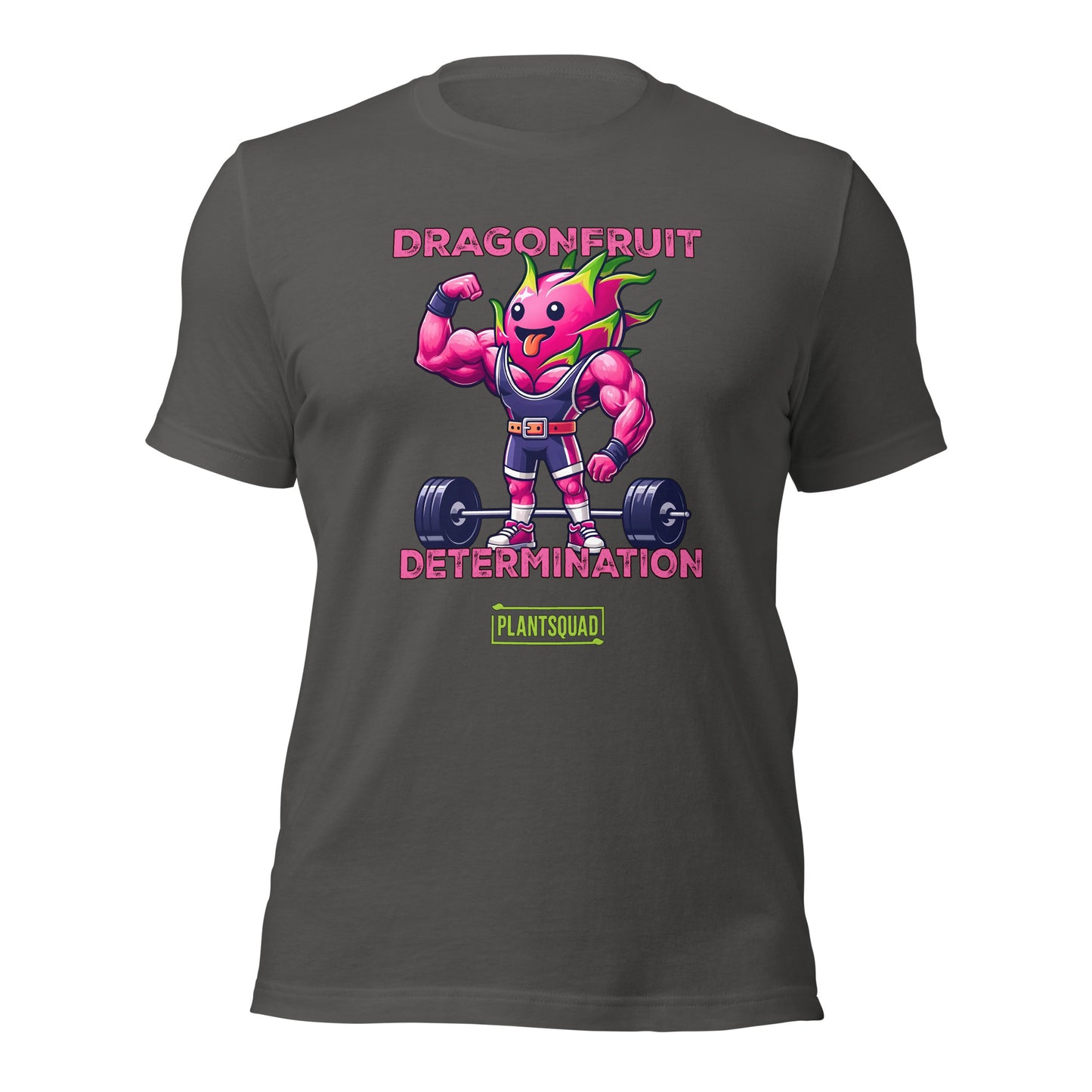 The Plantsquad Dragonfruit "Dragonfruit Determination" - Unisex T-Shirt features a black T-shirt with a muscular anthropomorphic dragon fruit character lifting weights. The text above the character reads "Dragonfruit" and below it reads "Determination." At the bottom, there's a stylish PlantSquad logo.