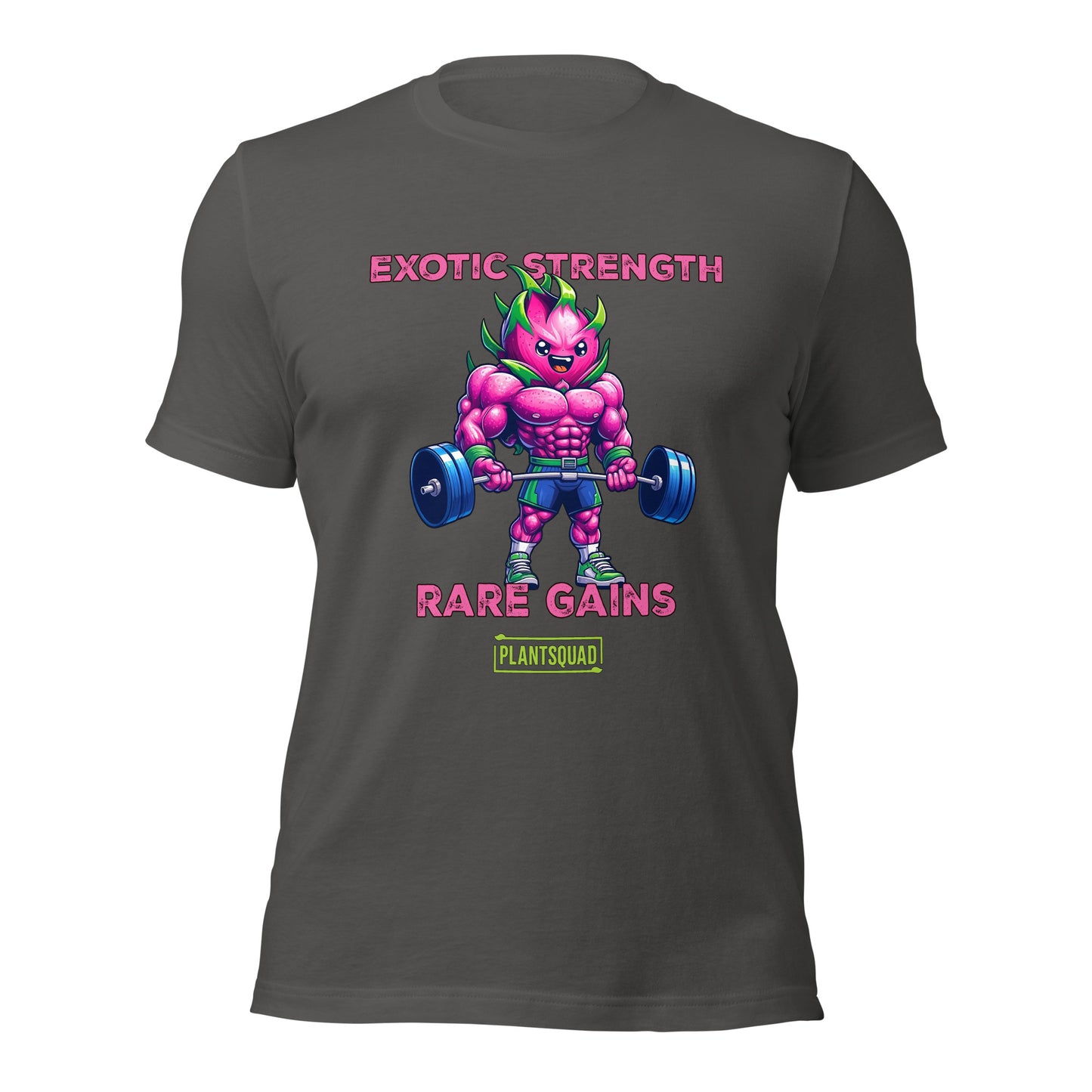 A Plantsquad Dragonfruit "Exotic Strength Rare Gains" - Unisex T-Shirt featuring a muscular anthropomorphic plant figure lifting a barbell. The character boasts bright purple skin and green leaves. Above the figure, text reads "EXOTIC STRENGTH," and below, "RARE GAINS." A small logo at the bottom proudly displays "PLANTSQUAD.