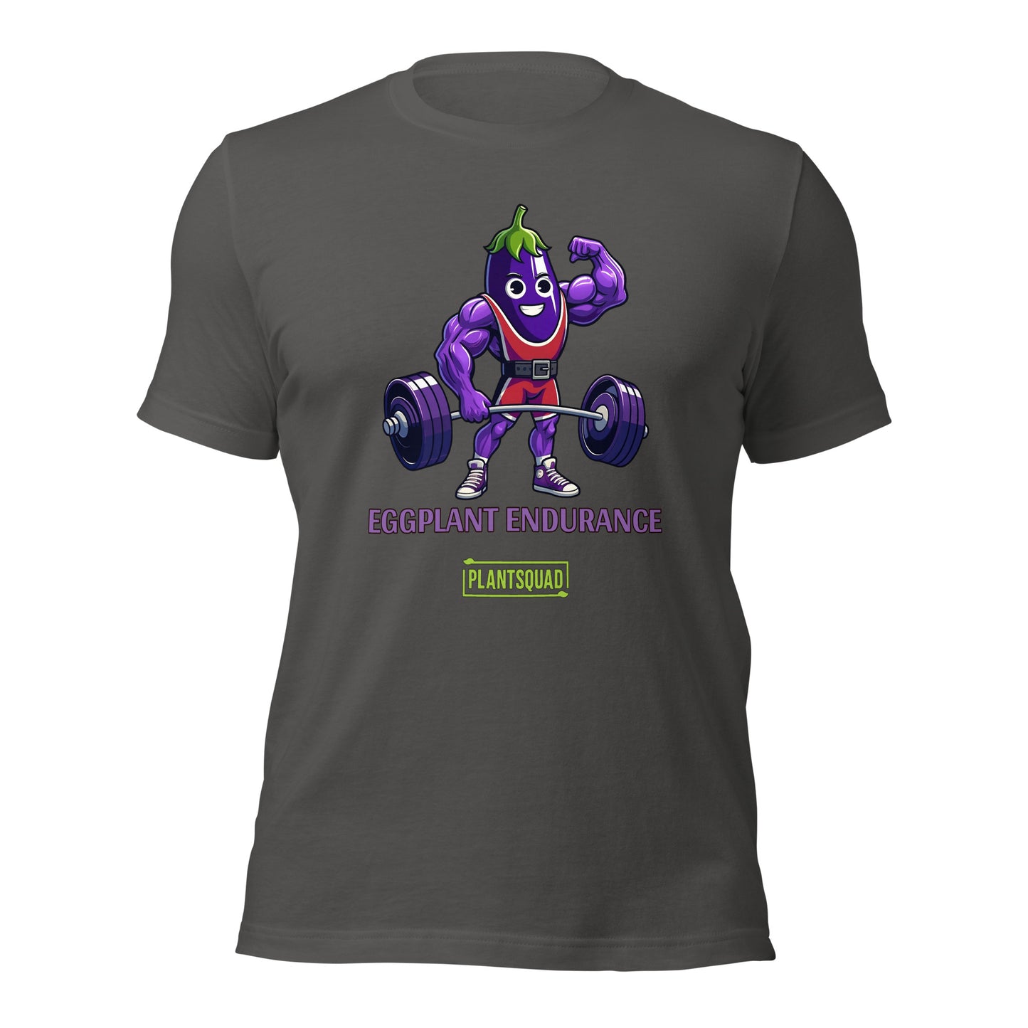 A Plantsquad Eggplant "Eggplant Endurance" - Unisex T-Shirt featuring a muscular animated eggplant character wearing a red and white athletic outfit, lifting a barbell. The text reads "Eggplant Endurance" above "Plantsquad" in green.