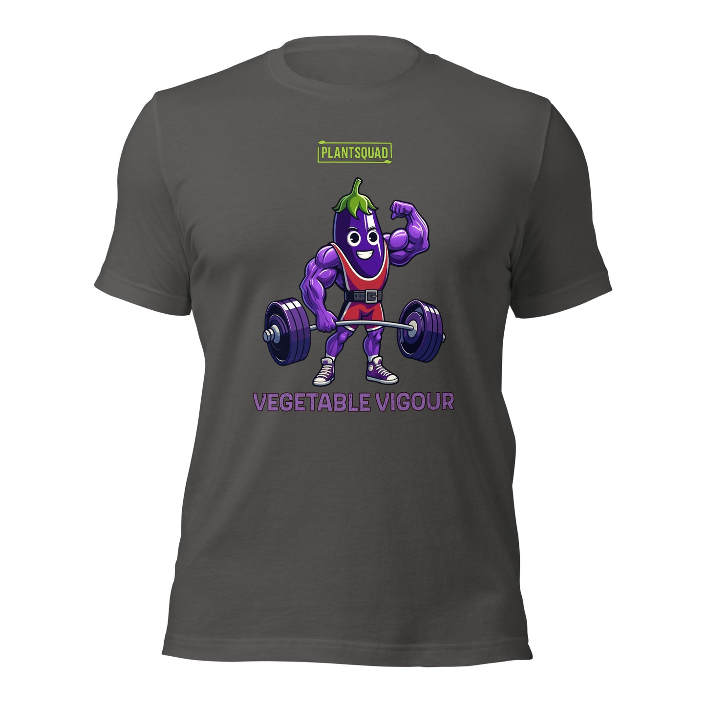 A Plantsquad Eggplant "Vegetable Vigour" - Unisex T-Shirt featuring a cartoon eggplant character lifting a heavy barbell. The muscular, smiling eggplant sports red shorts and green hair. Above the character, it proudly reads "PLANTSQUAD," with "VEGETABLE VIGOUR" in bold purple letters below.