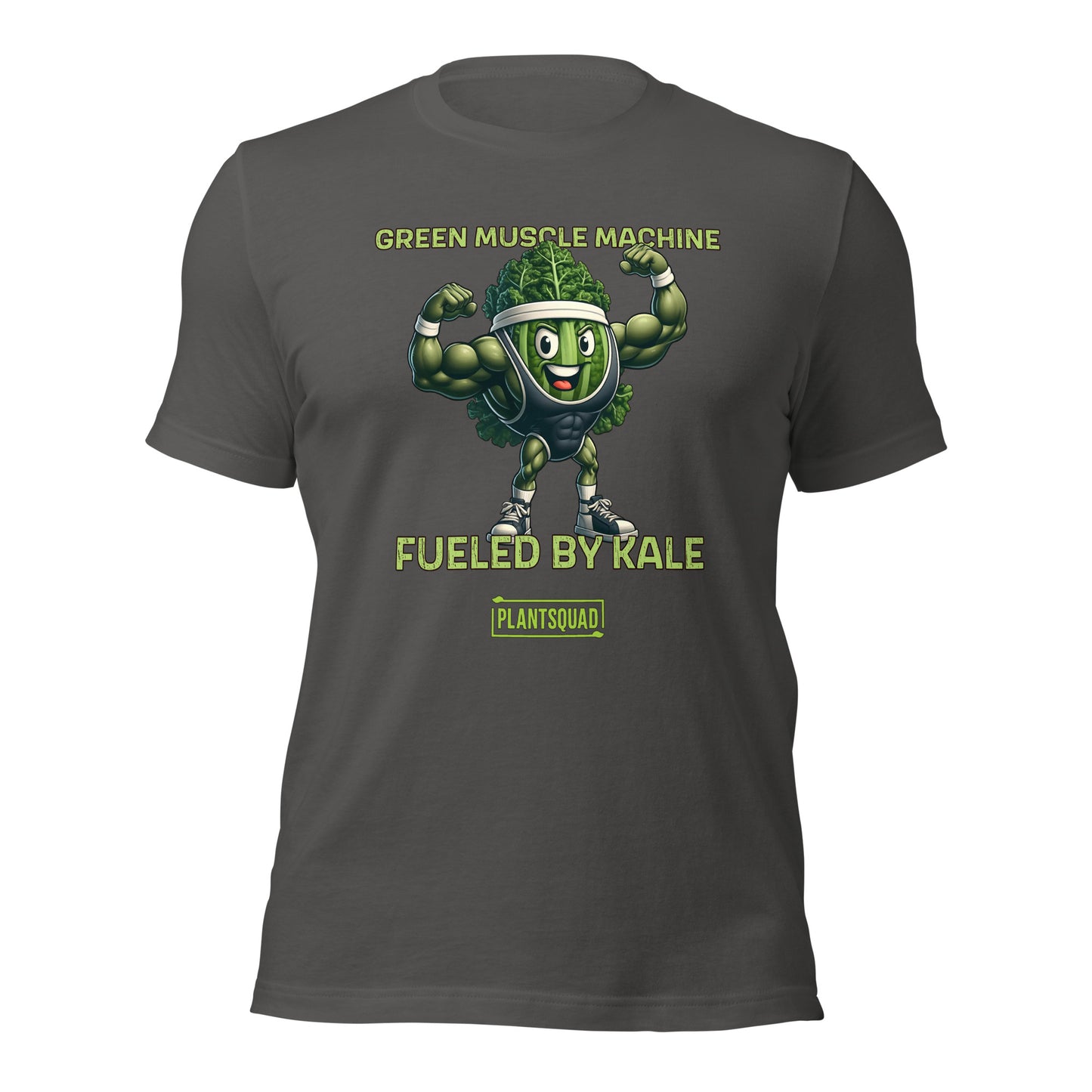 Plantsquad Kale "Green Muscle Machine Fueled By Kale" - Unisex T-Shirt featuring a cartoon kale character with muscular arms, flexing and smiling. The shirt displays the text "GREEN MUSCLE MACHINE" above the character and "FUELED BY KALE" below. Proudly wear your "PLANTSQUAD" mantra at the bottom of this unique design.
