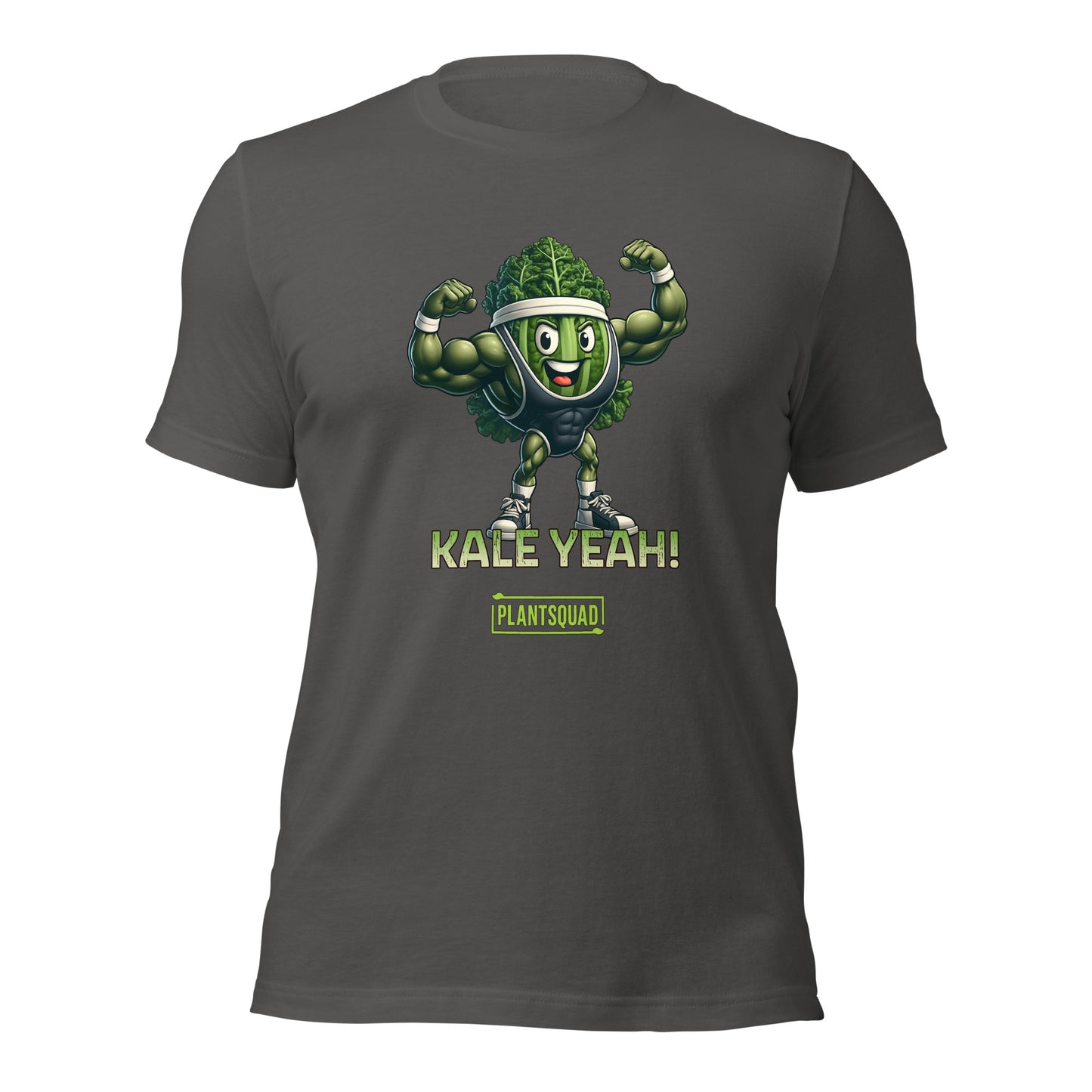 A black Plantsquad Kale "Kale Yeah!" - Unisex T-Shirt showcases a cartoon illustration of a muscular, flexing kale leaf wearing a headband, sneakers, and a smile. Below the character, the text proudly declares "KALE YEAH!" with "PLANTSQUAD" subtly printed underneath in smaller font.