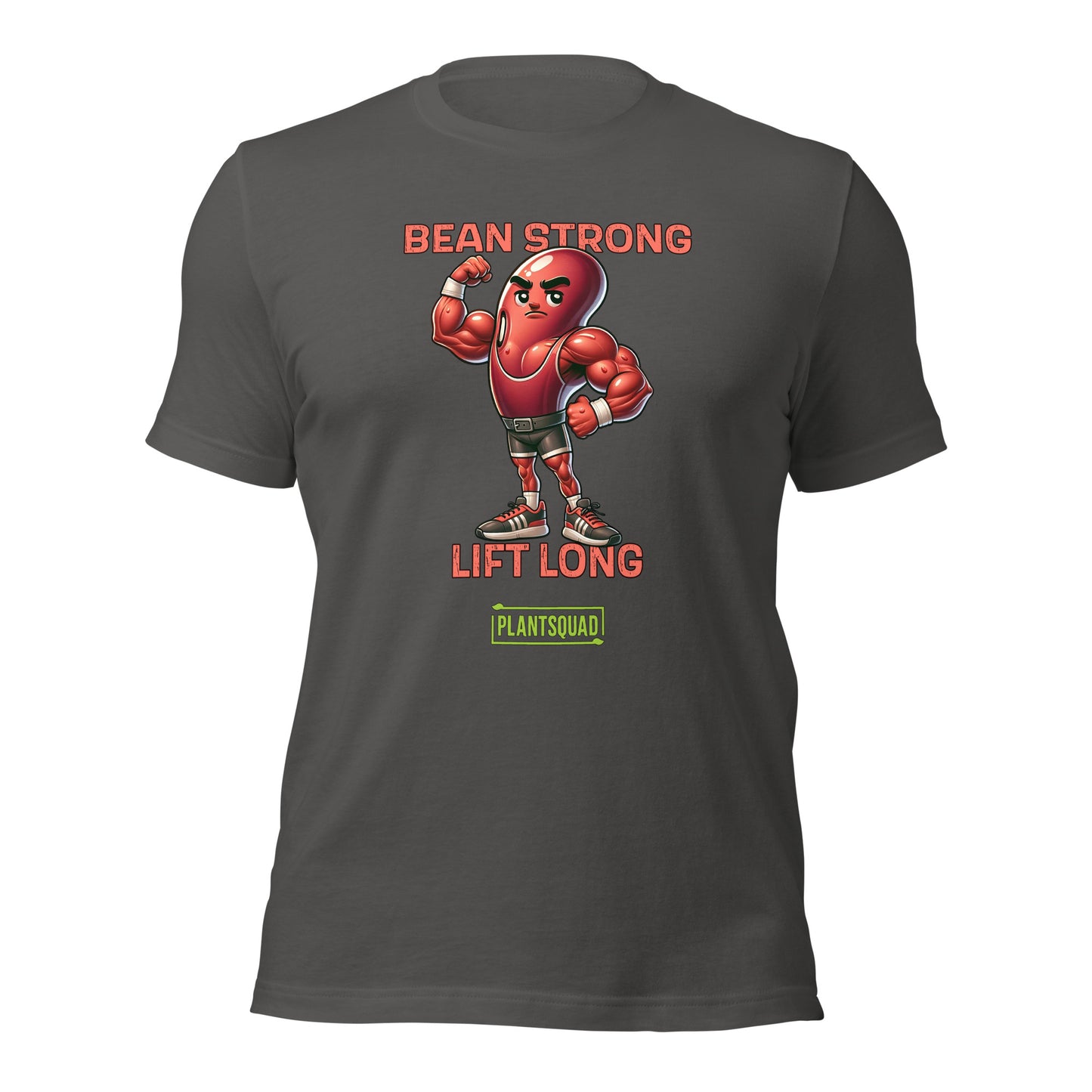 A black t-shirt featuring a muscular cartoon bean character flexing its arm. Above the character are the words "BEAN STRONG" and below it, "LIFT LONG." The bottom of this Plantsquad Kidney Bean "Bean Strong Lift Long" - Unisex T-Shirt proudly displays the "PLANTSQUAD" logo.