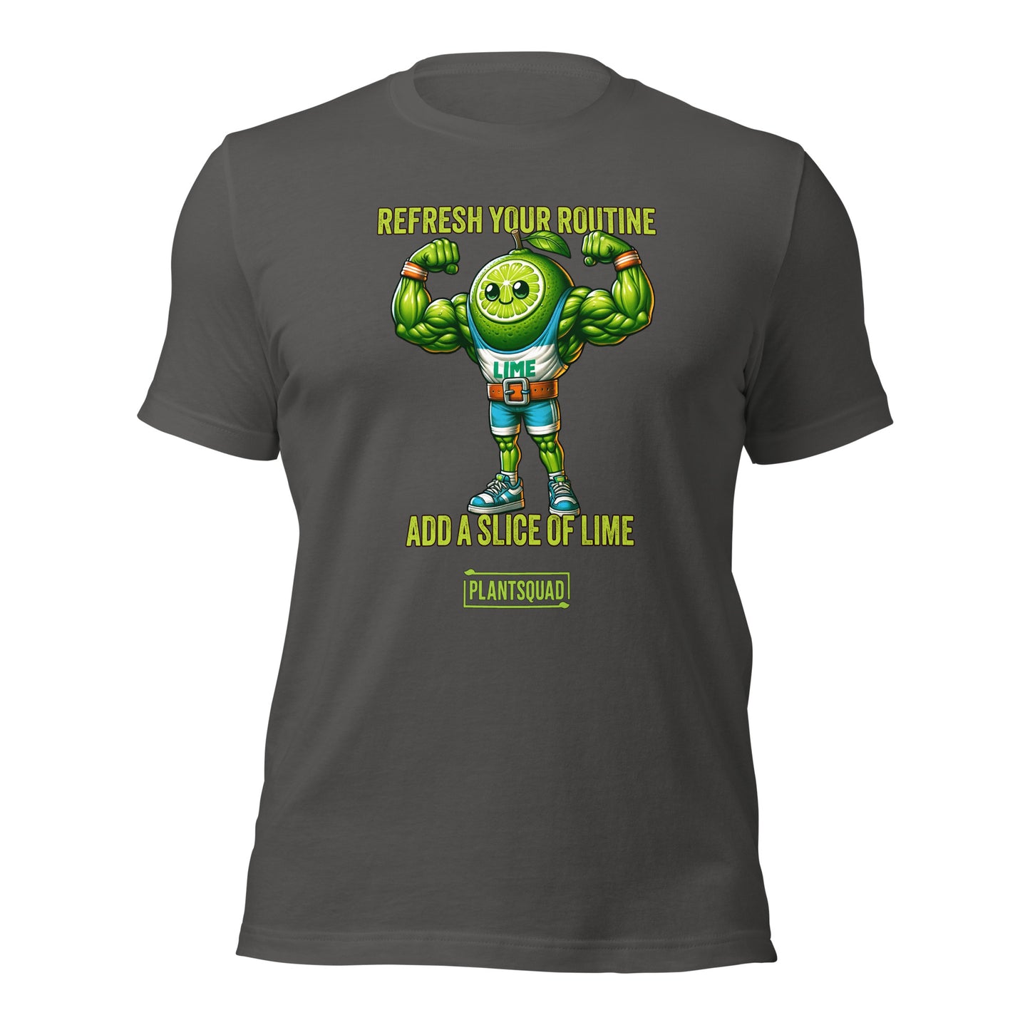 A black Plantsquad Lime "Refresh Your Routine Add A Slice Of Lime" - Unisex T-Shirt featuring an image of a muscular lime slice character wearing sports attire with the number 93. Above the character, the text reads "Refresh Your Routine," and below, "Add a Slice of Lime." At the bottom, the word "Plant Squad" is displayed, promoting a plant-based lifestyle.