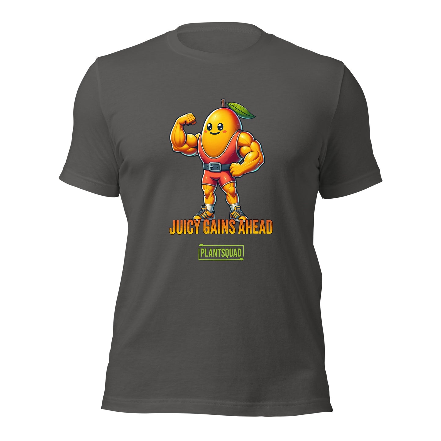 A black Plantsquad Mango "Juicy Gains Ahead" - Unisex T-Shirt featuring a muscular, anthropomorphic orange fruit character with a leaf on its head, flexing its biceps. Text below the character reads "JUICY GAINS AHEAD" with "PLANTSQUAD" in a box underneath. Perfect fitness apparel for those living a plant-based lifestyle.