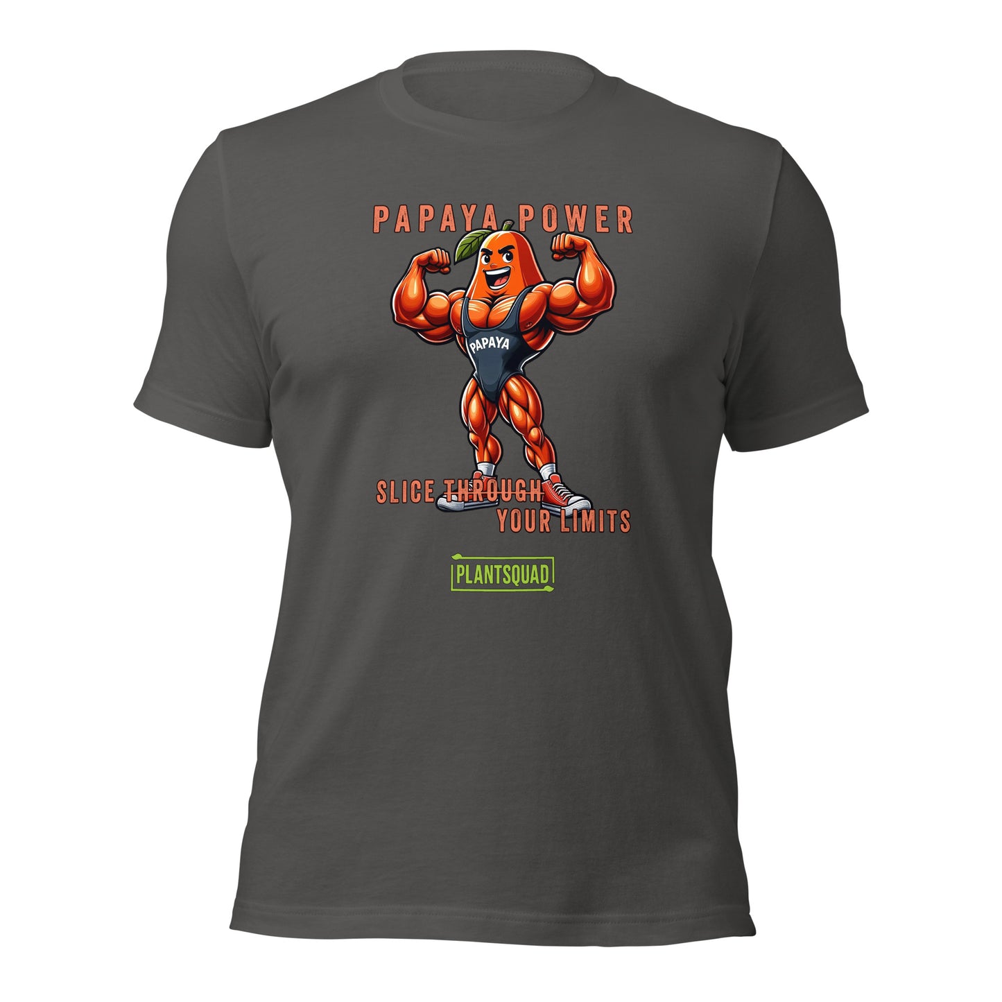 A black Plantsquad Papaya "Papaya Power Slice Through Your Limits" - Unisex T-Shirt featuring a muscular cartoon papaya flexing its arms with the text "PAPAYA POWER" above. Below, the phrase "SLICE THROUGH YOUR LIMITS" is written, celebrating a vegan lifestyle for fitness enthusiasts, with the brand name "PLANTSQUAD" at the bottom.